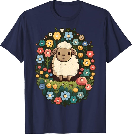 Cute Flower Sheep on summer Floral Sheep T-Shirt - T-Shirt | Navy