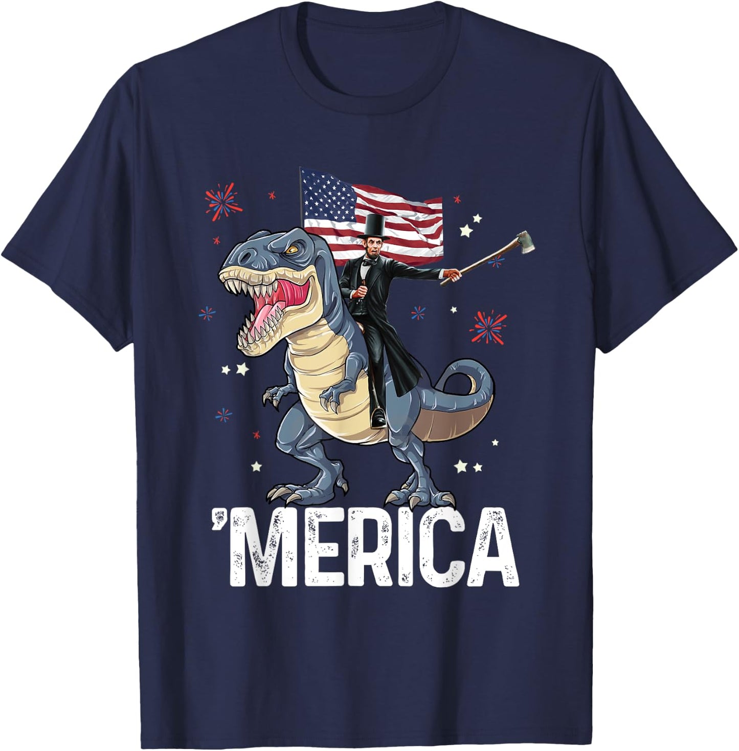 American President Lincoln T-Rex Dinosaur Flag Patriotic T-Shirt - T-Shirt | Navy