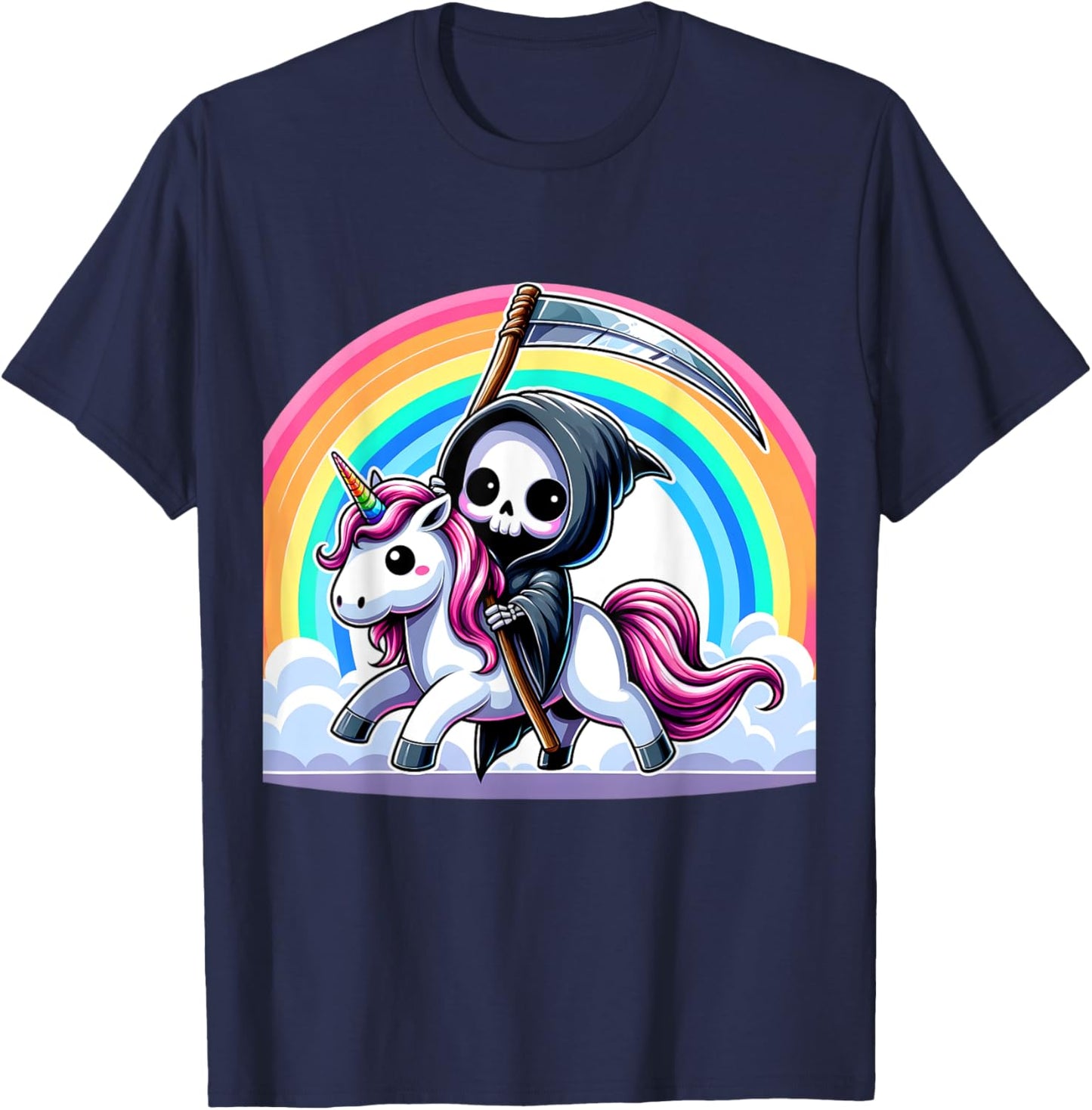 Grim Reaper Riding Unicorn Funny Rainbow Heavy Metal T-Shirt - T-Shirt | Navy