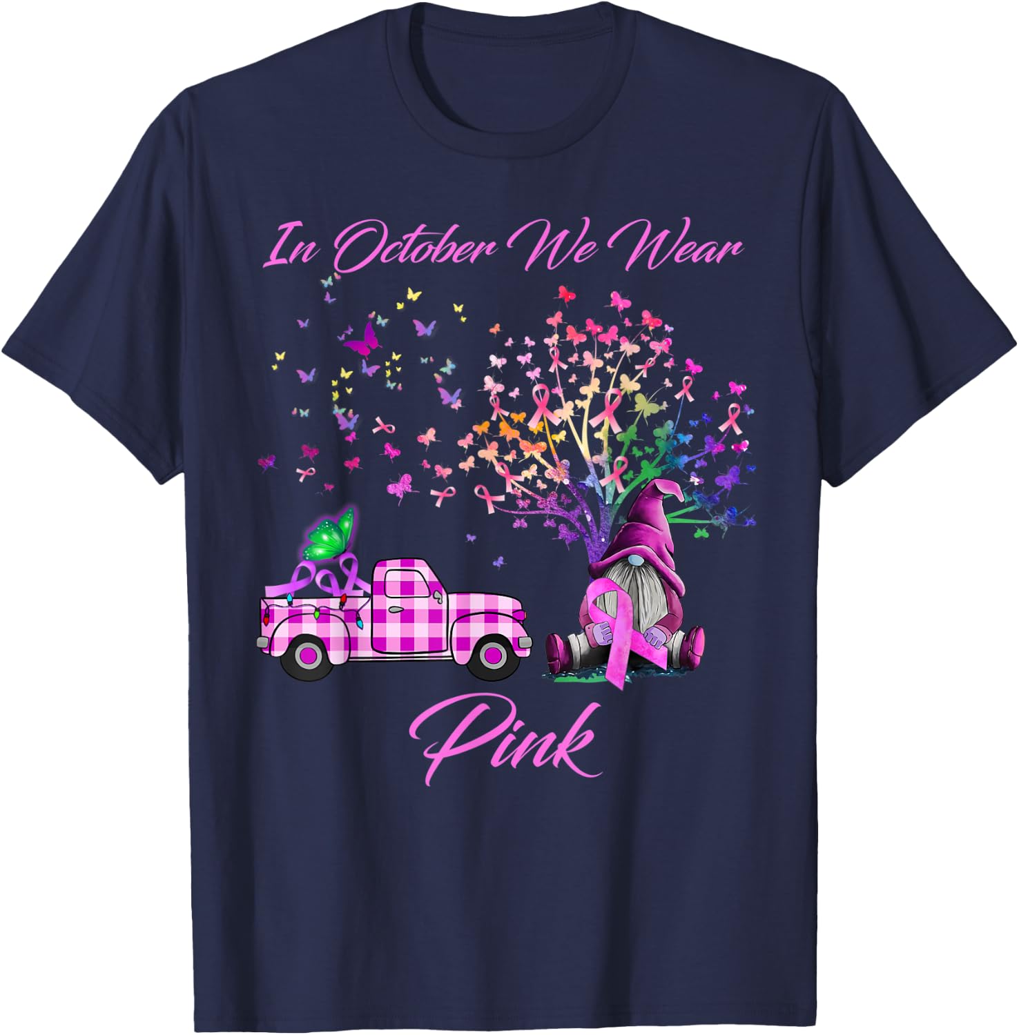 In October We Wear Pink Gnome Tree Breast Cancer Awareness T-Shirt - T-Shirt | Navy