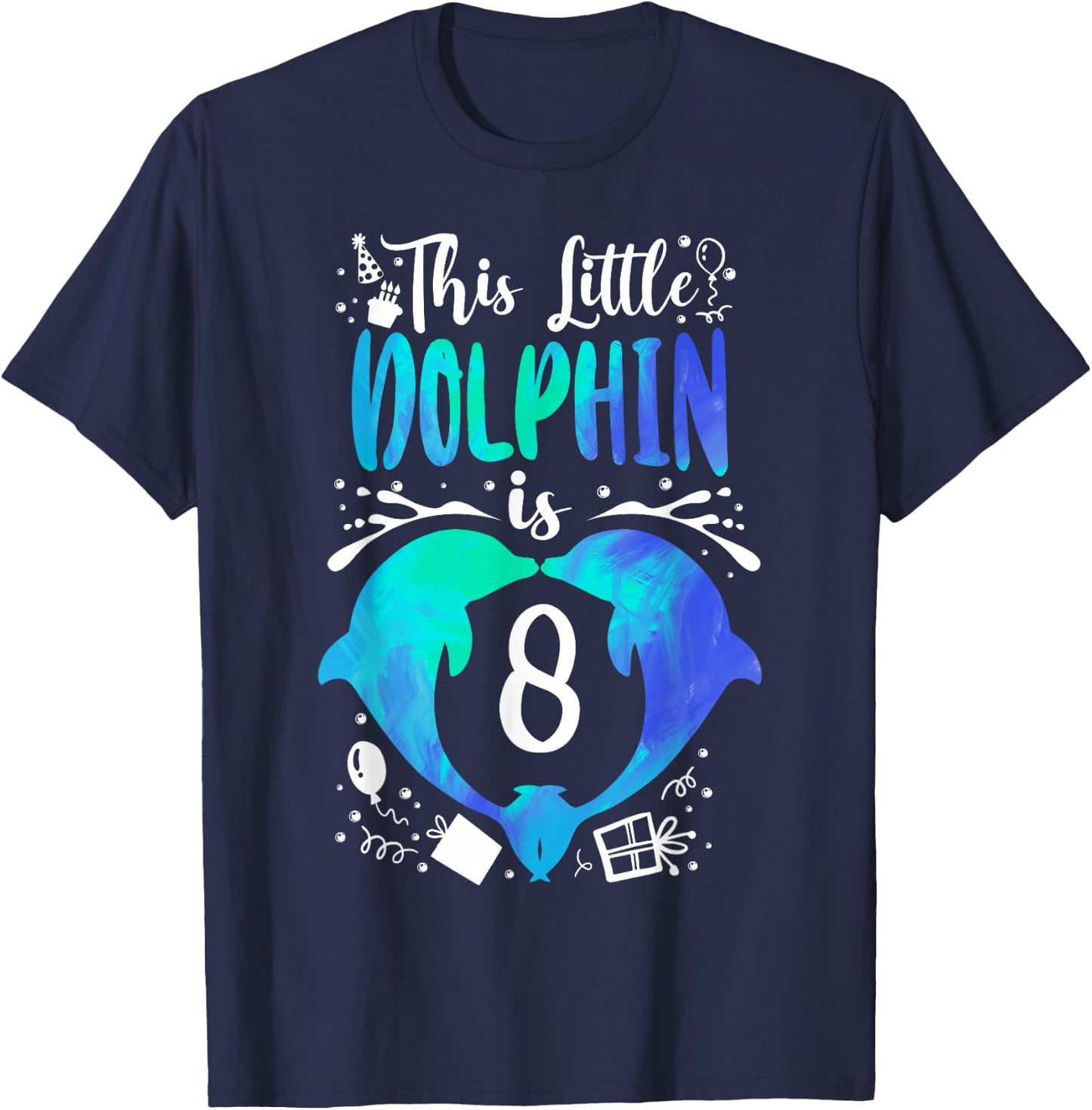 Dolphin 8th Birthday This Little Dolphin Is 8 T-Shirt - T-Shirt | Navy