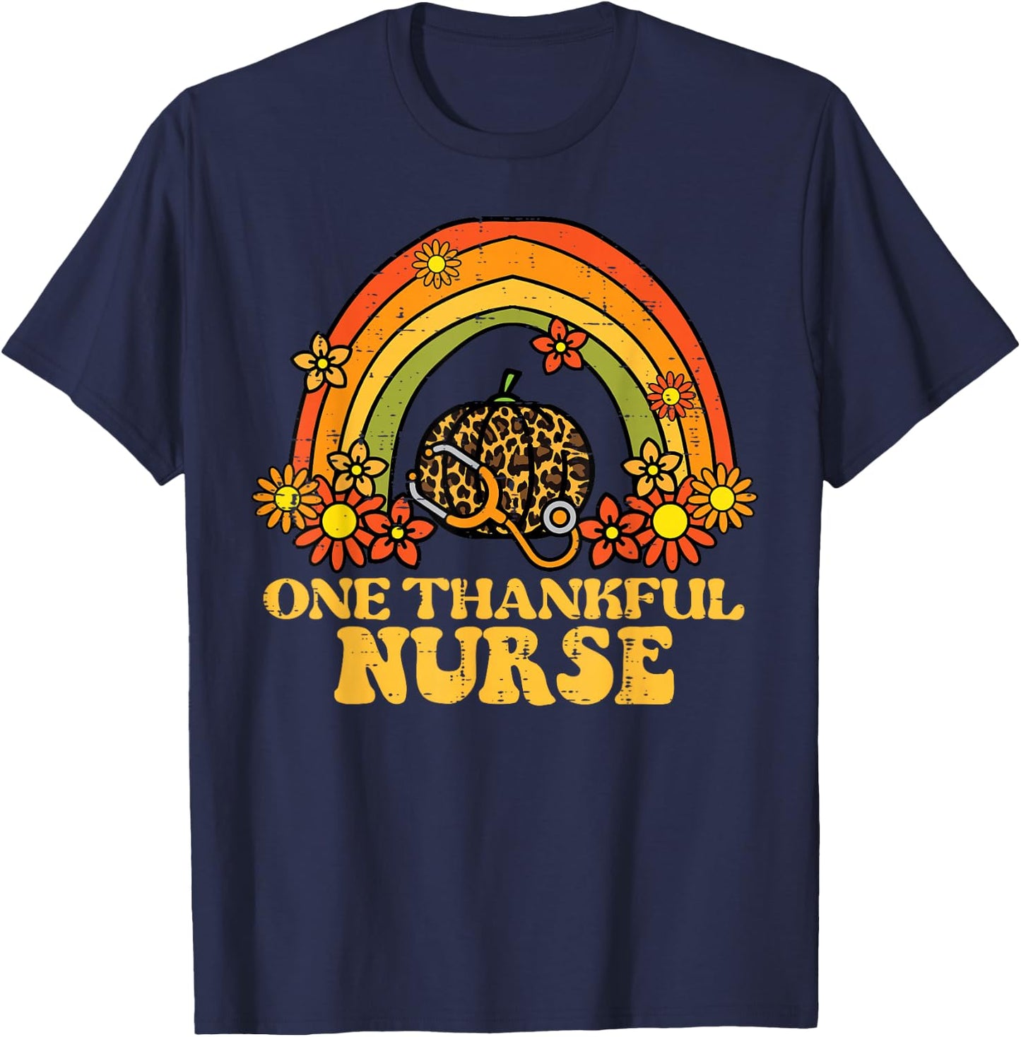 Fall Rainbow Thankful Nurse Thanksgiving Scrub Top Women T-Shirt - T-Shirt | Navy