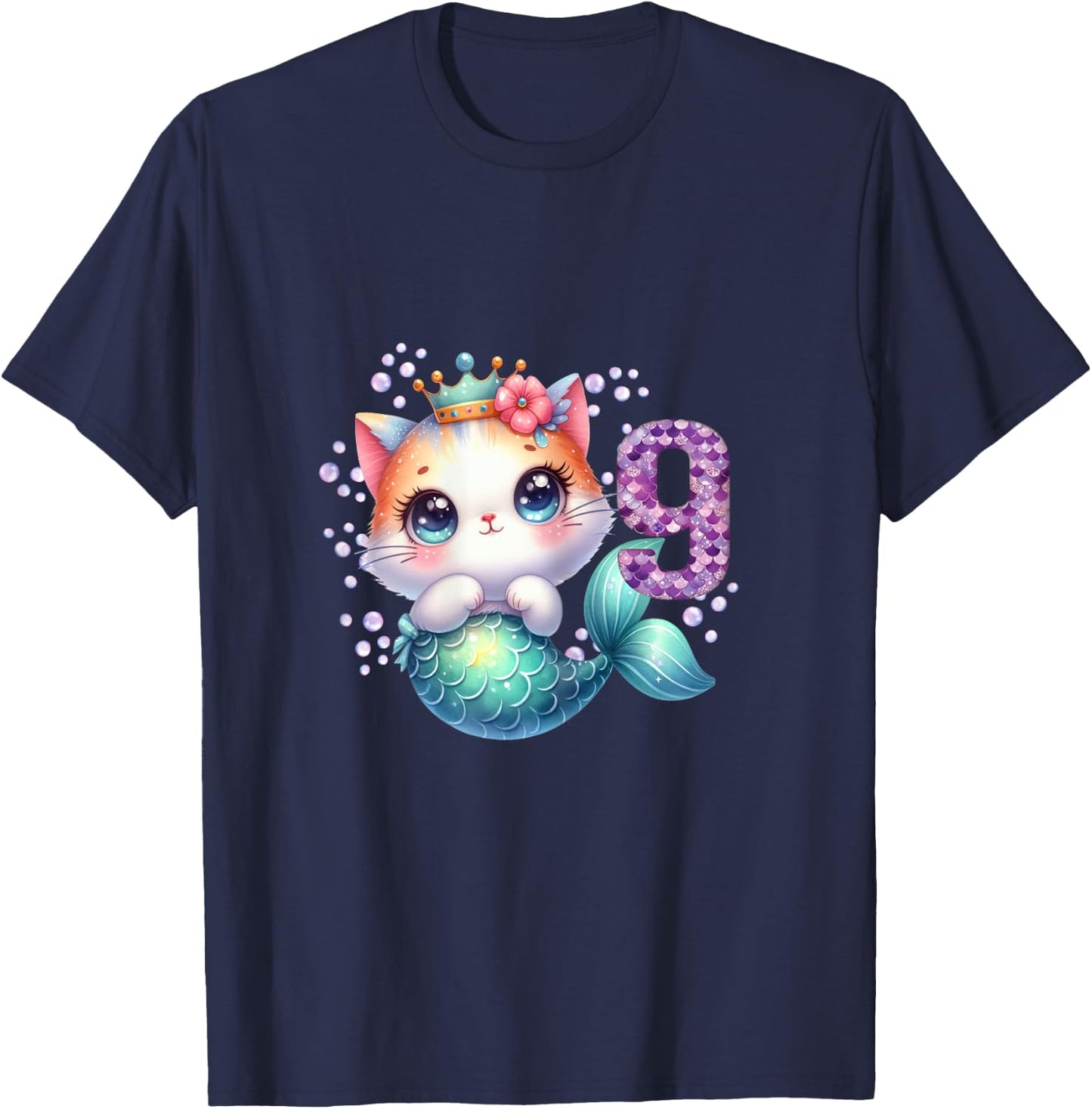 Cat Mermaid 9th Birthday 9 Year Old Party Girls Outfit T-Shirt - T-Shirt | Navy