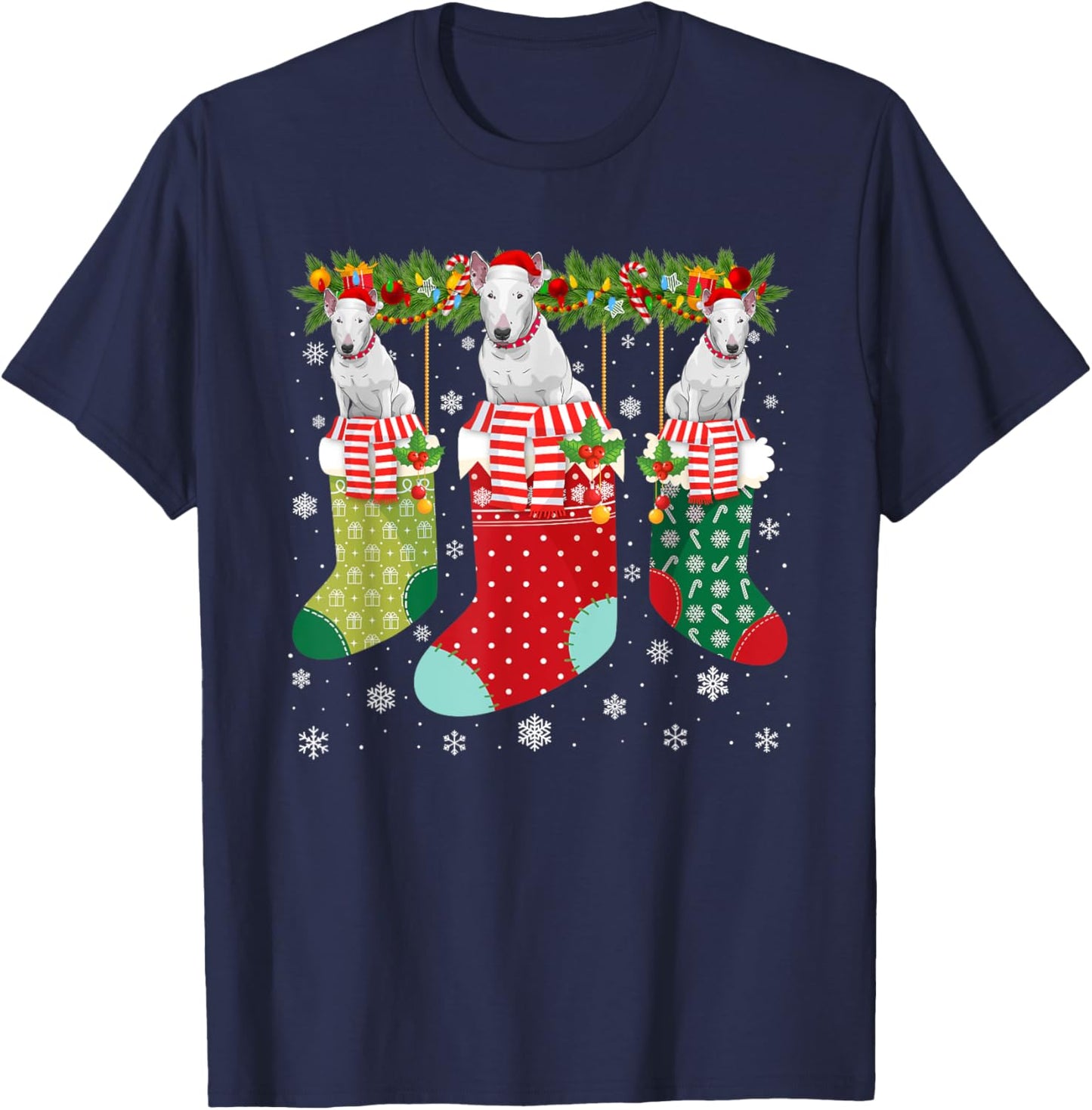 Three Bull Terrier Dog in Socks Ugly Christmas Sweater Party Men Women Kids T-Shirt - T-Shirt | Navy