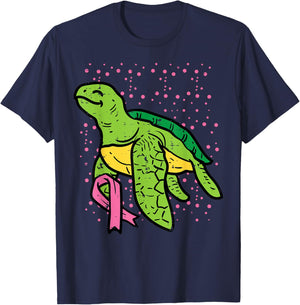 Pink Ribbon Turtle Cute Breast Cancer Awareness Women Kids T-Shirt - T-Shirt | Navy