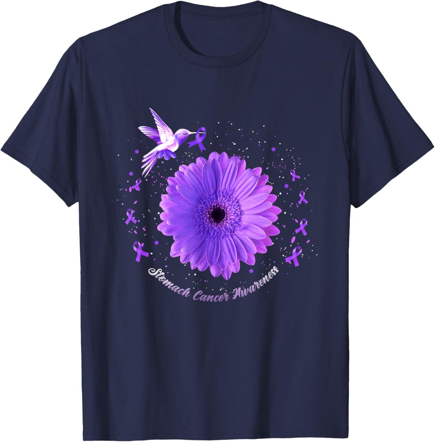 Hummingbird Periwinkle Sunflower Stomach Cancer Awareness T-Shirt - T-Shirt | Navy