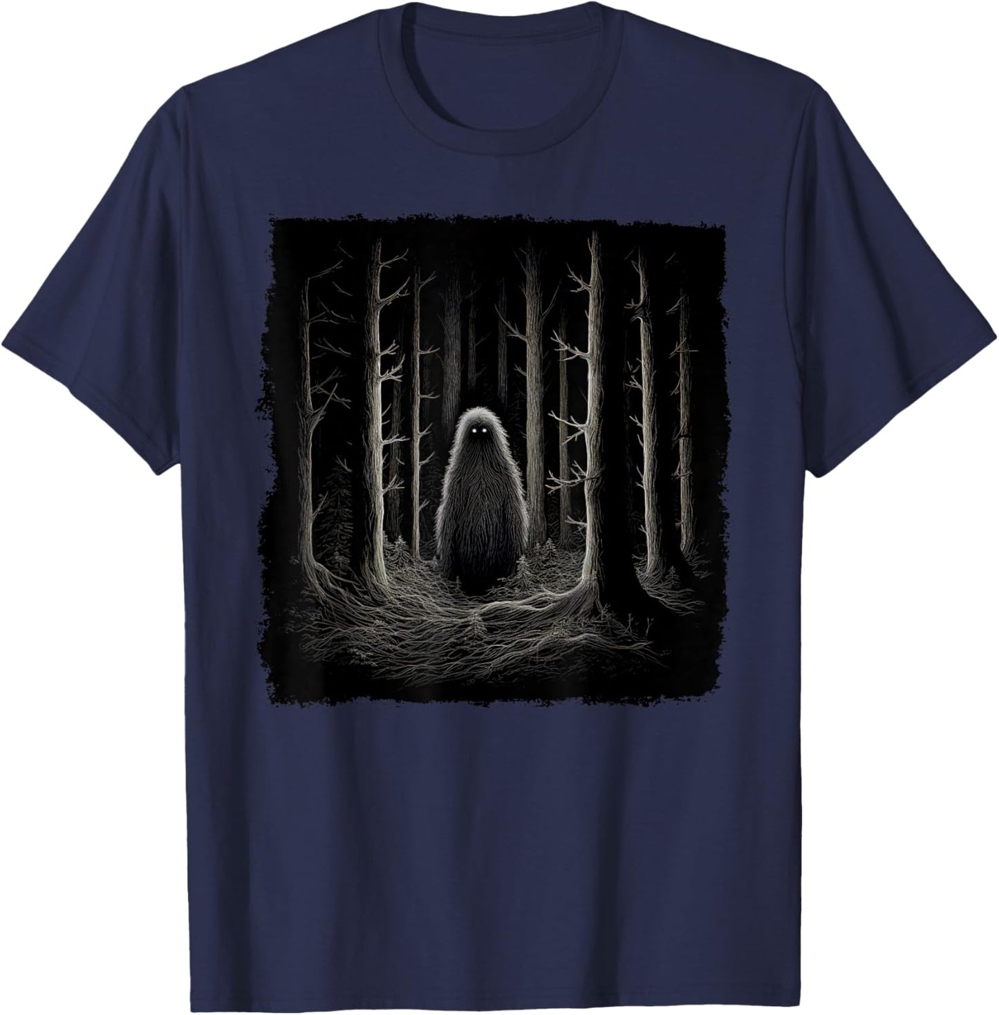 Sasquatch in the Forest with Glowing Eyes – Funny Bigfoot T-Shirt - T-Shirt | Navy