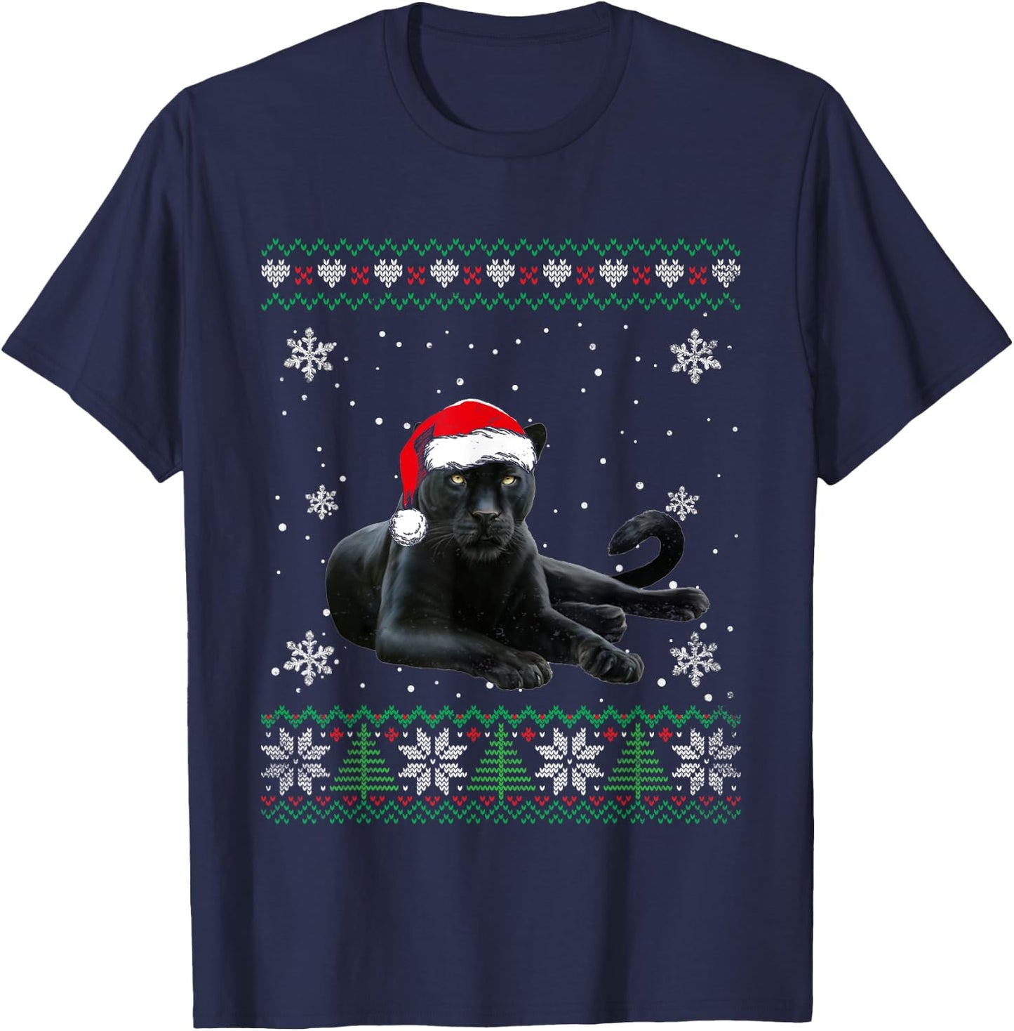Santa Panther Ugly Sweater Animals Christmas Pajama T-Shirt - T-Shirt | Navy