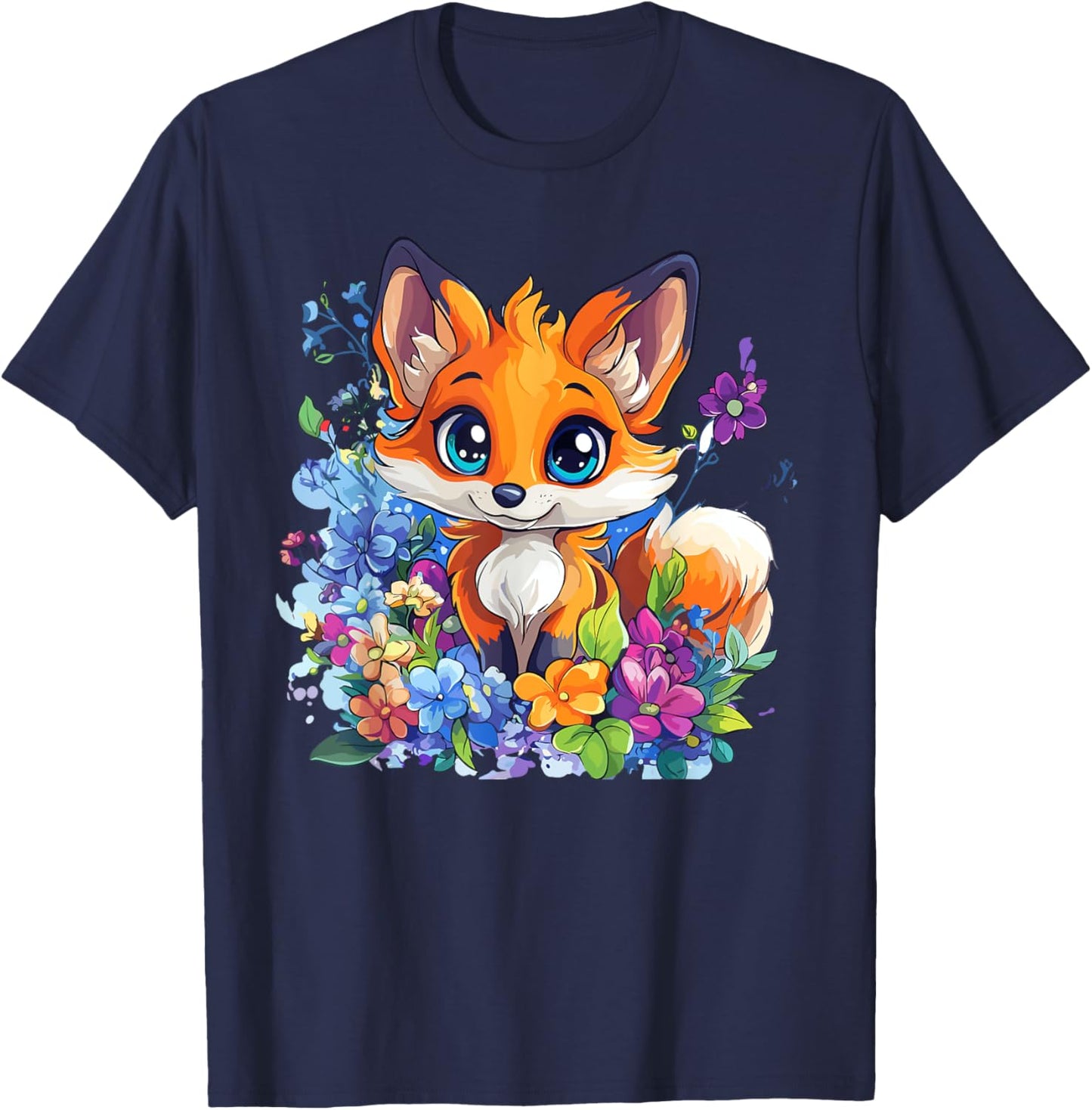 Cute Fox Surrounded by Flowers , Black, S T-Shirt - T-Shirt | Navy