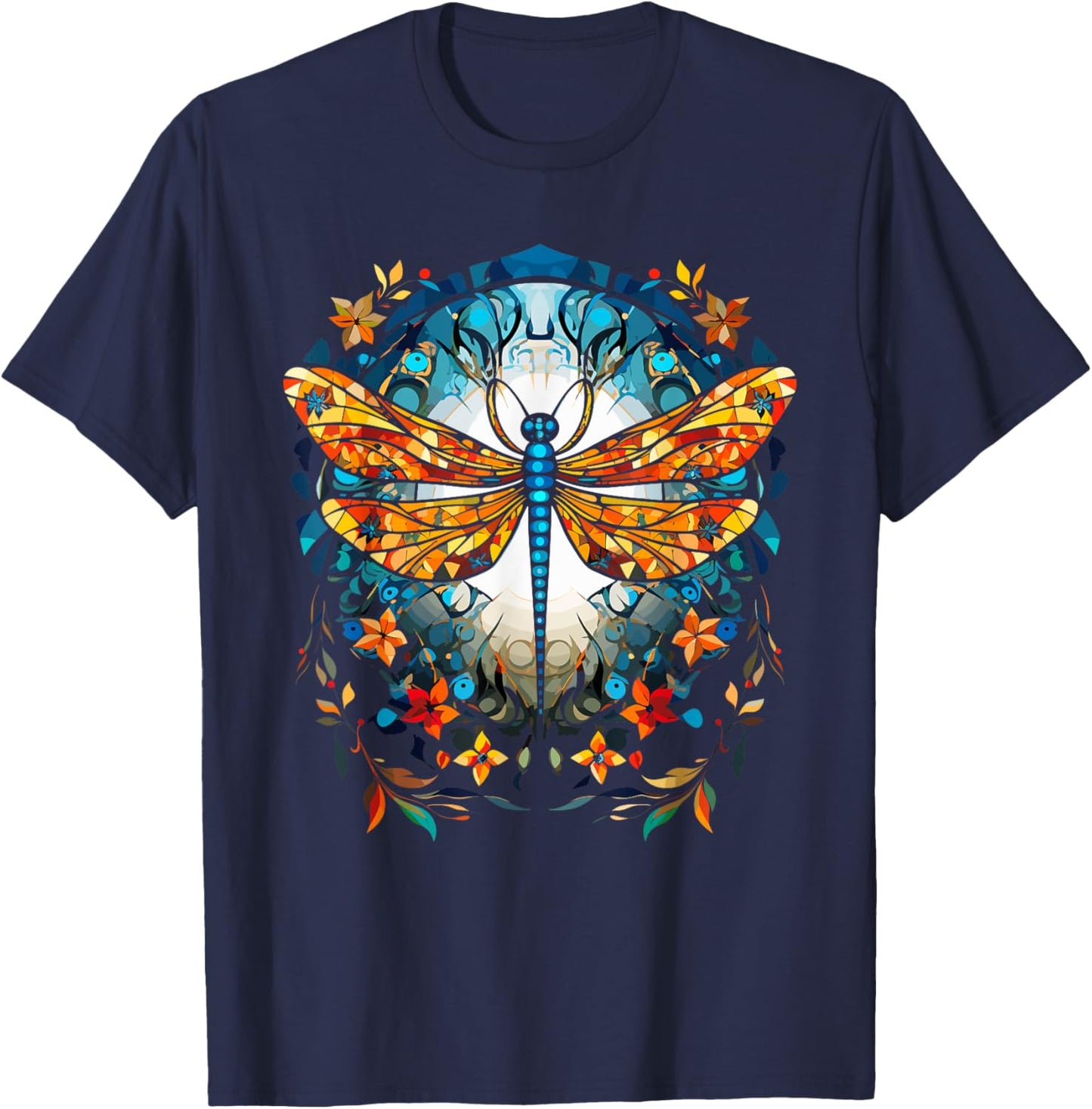 Magical Dragonfly Lover Stained Glass Graphic Design Art T-Shirt - T-Shirt | Navy