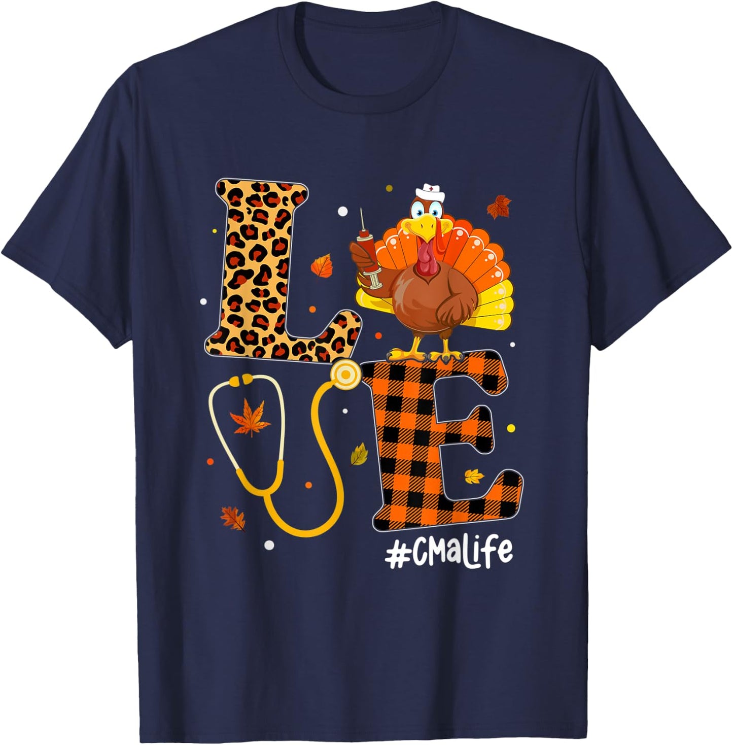 Love Nurse Life Fall CMA Nurse Leopard Plaid Thanksgiving T-Shirt - T-Shirt | Navy