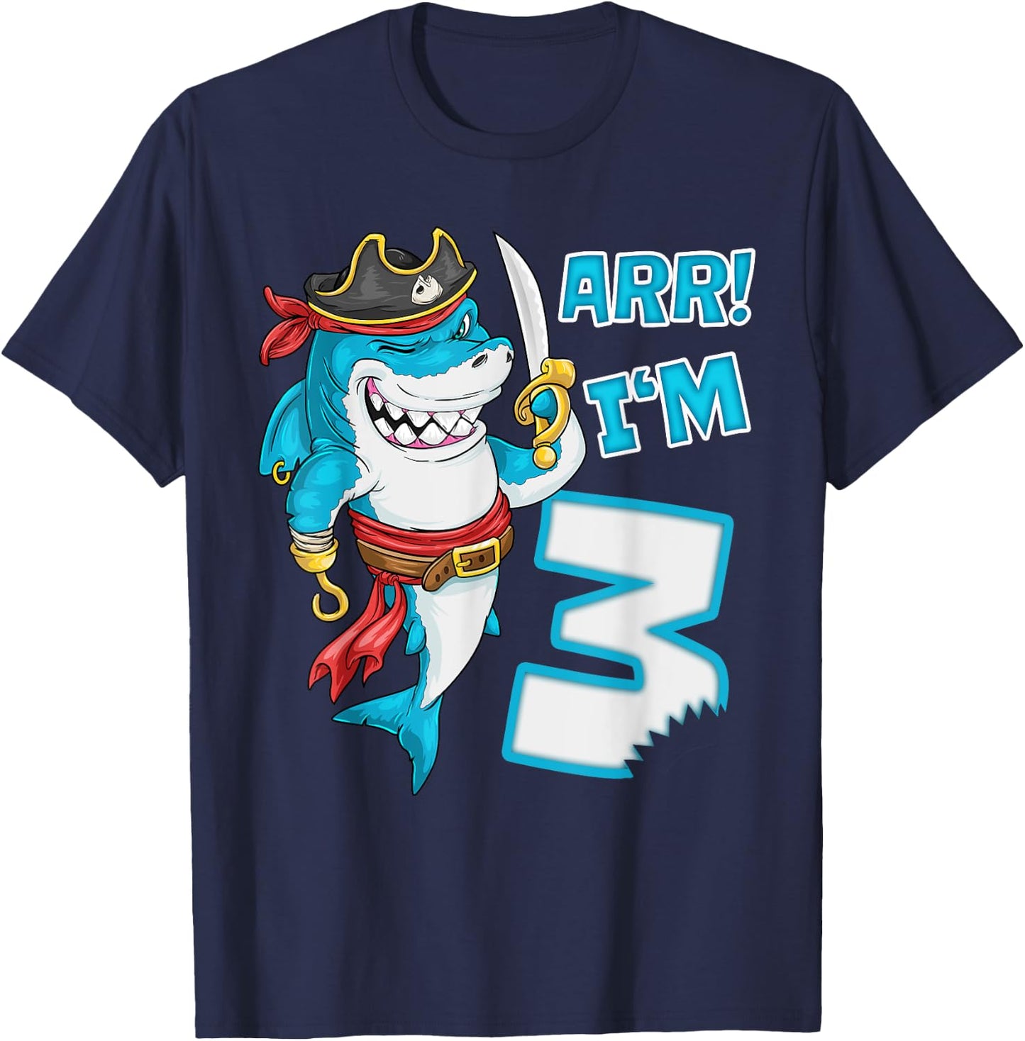 I'm 3 years Bday Shark pirate 3rd Birthday boy pirate Party T-Shirt - T-Shirt | Navy