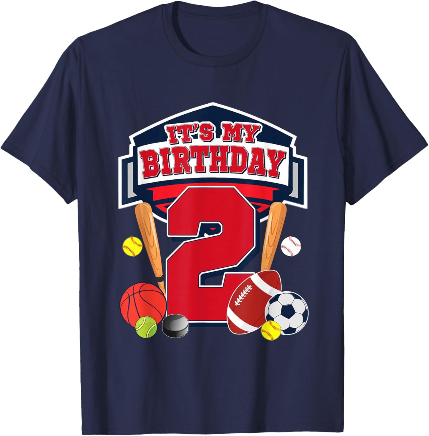 Sports Ball It's My 2nd Birthday Boy 2 Year Old Birthday T-Shirt - T-Shirt | Navy