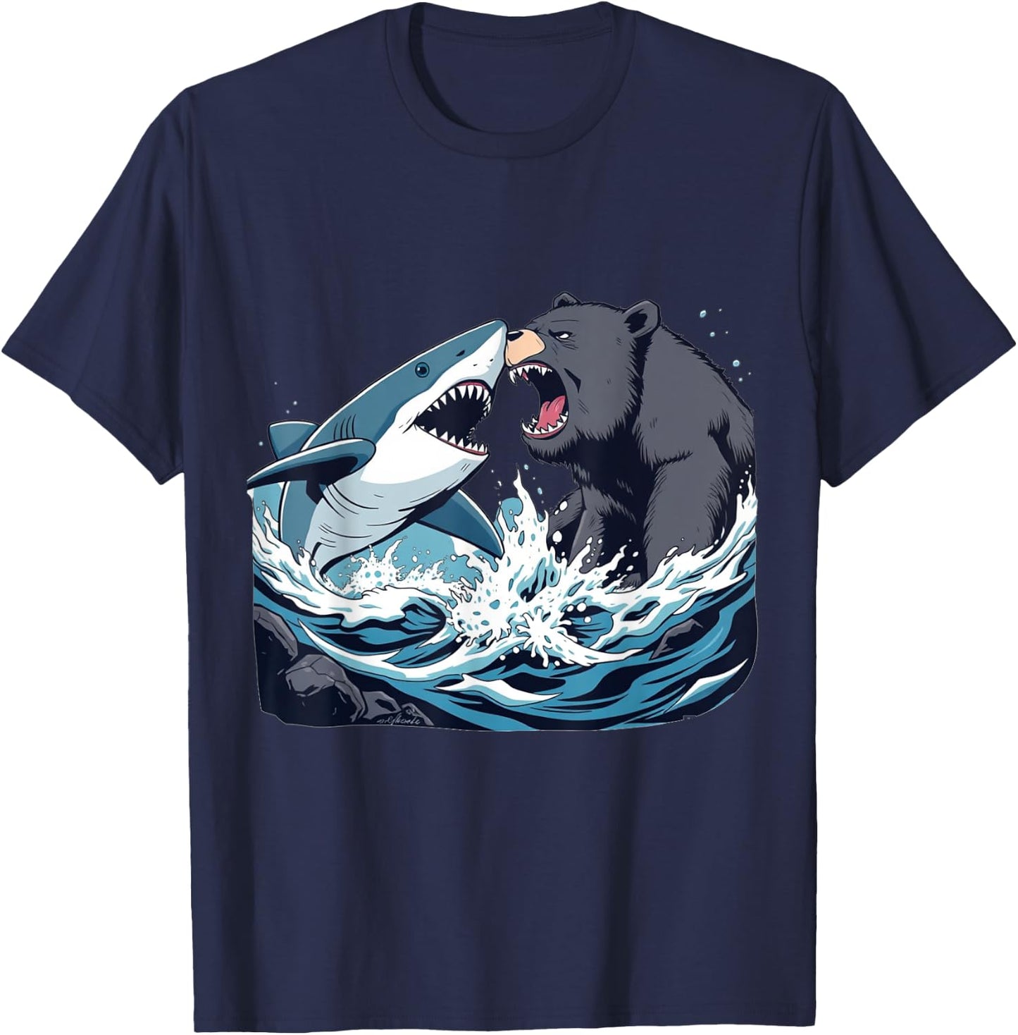Shark vs Bear - Funny Comic Art Style Graphic T-Shirt - T-Shirt | Navy