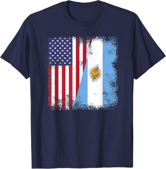 Half Argentinian Flag | Vintage Argentina USA Gift T-Shirt - T-Shirt | Navy
