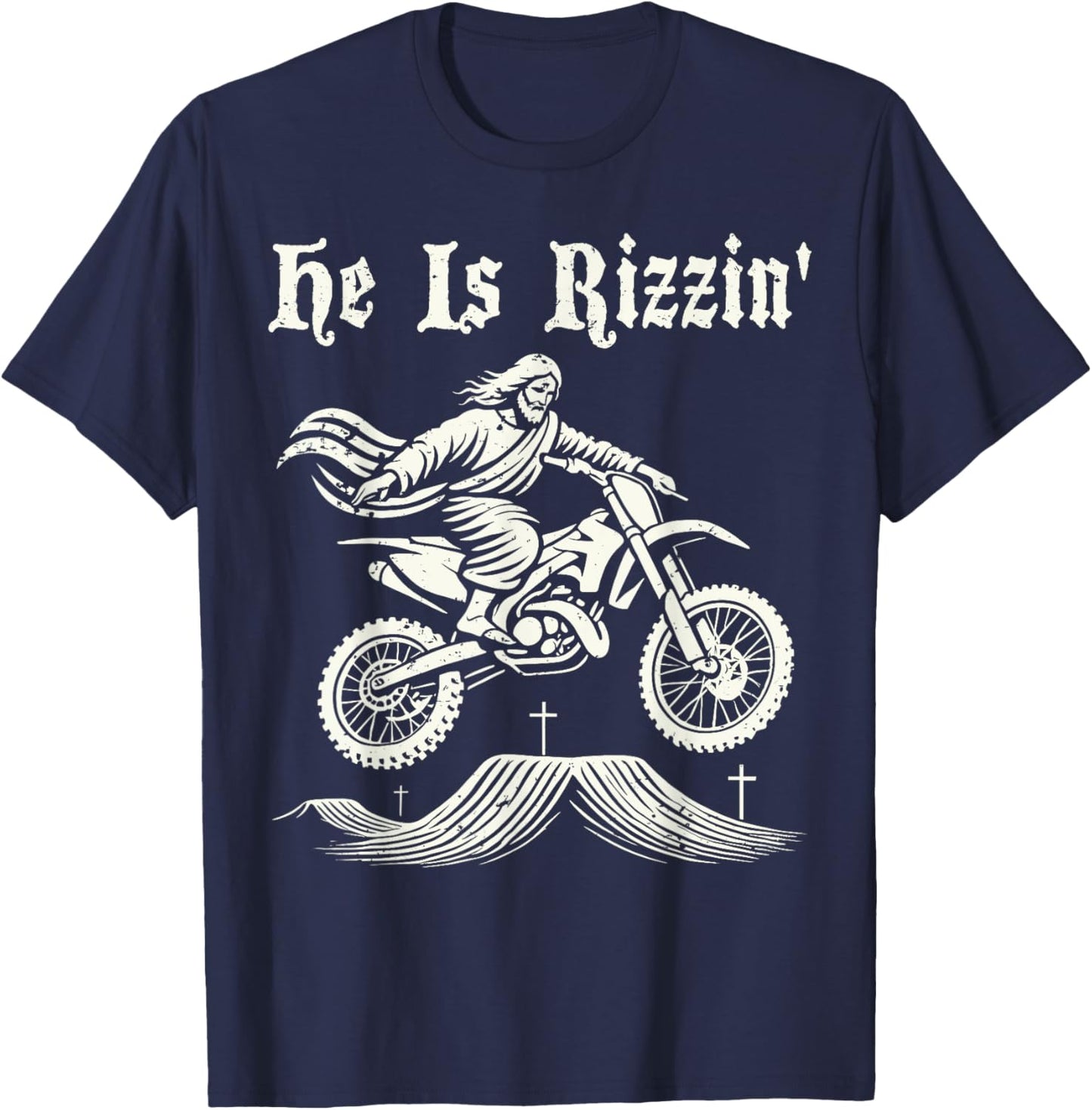 Funny jesus christ motocross dirt bike he's rizzin' easter T-Shirt - T-Shirt | Navy