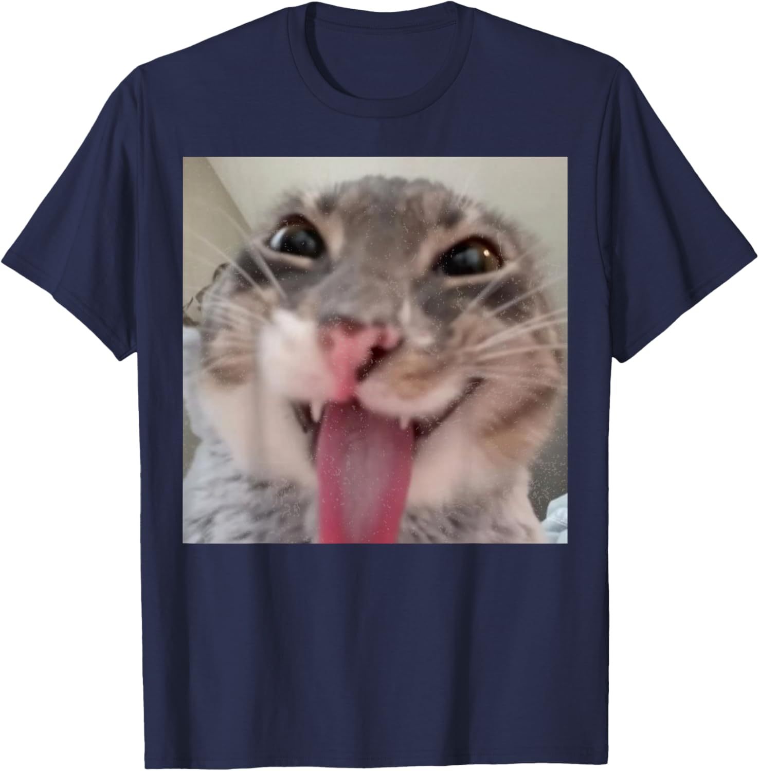 Funny Derpy Cat Tongue Out Wacky Silly Smiling Kitty Face T-Shirt - T-Shirt | Navy