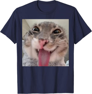 Funny Derpy Cat Tongue Out Wacky Silly Smiling Kitty Face T-Shirt - T-Shirt | Navy