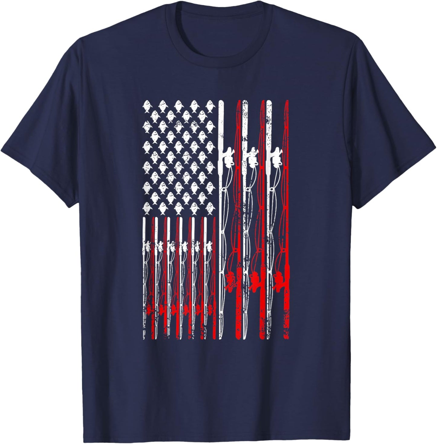American Flag Fishing Rod Fishing Lover Vintage Fisherman T-Shirt - T-Shirt | Navy
