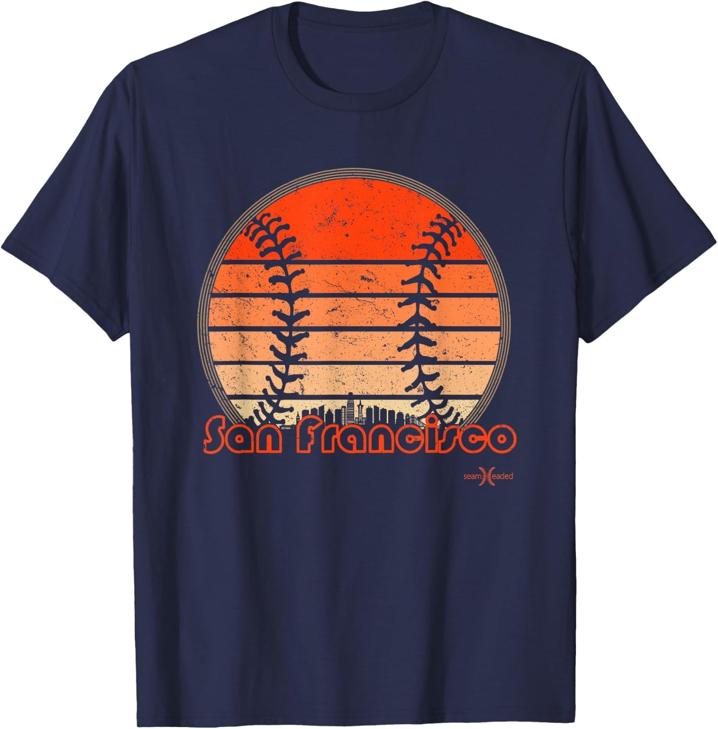 Retro San Francisco Baseball Sunset with Vintage SF Skyline T-Shirt - T-Shirt | Navy