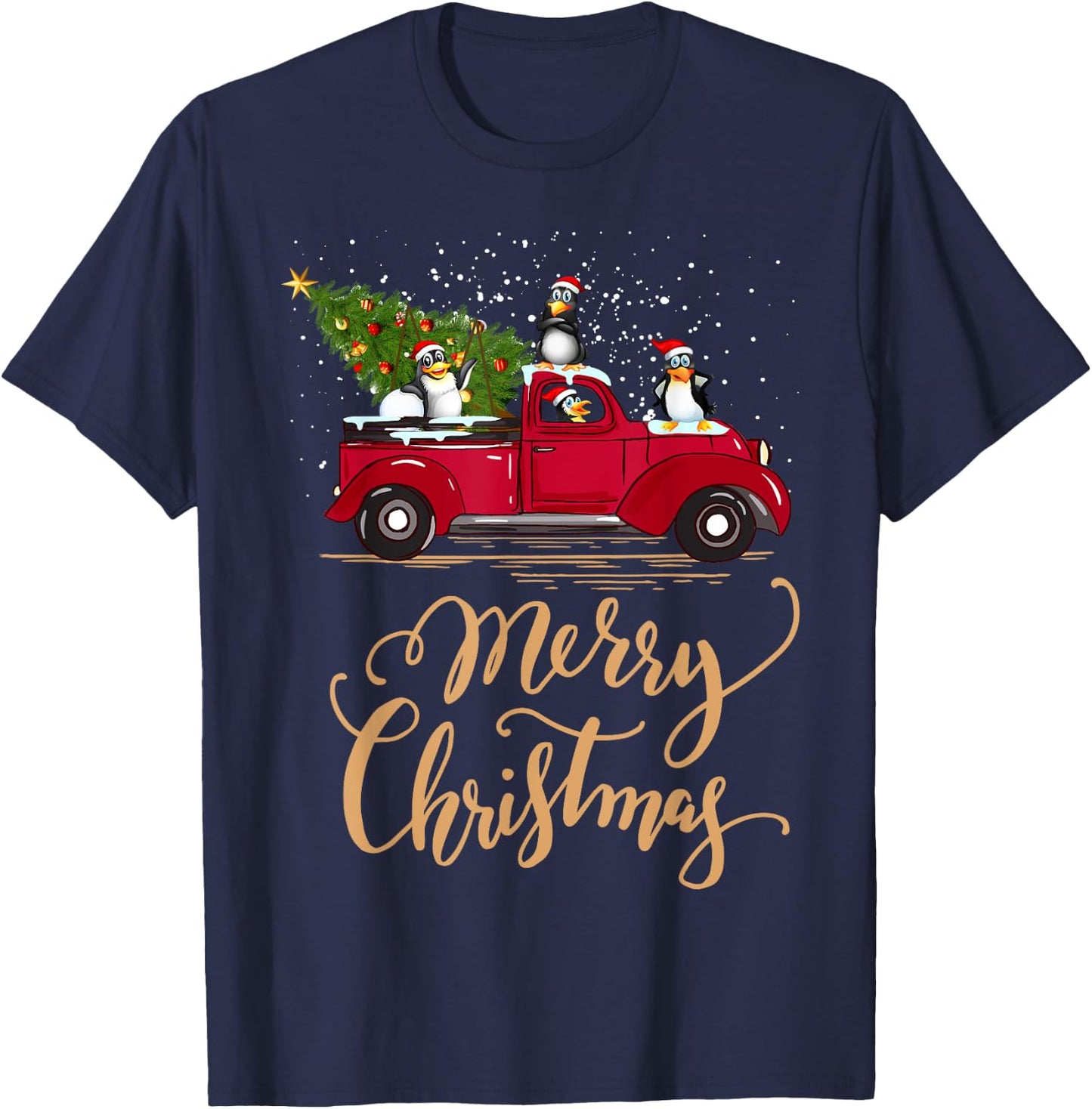 Penguin Driving Christmas Tree Red Truck Penguin Christmas T-Shirt - T-Shirt | Navy