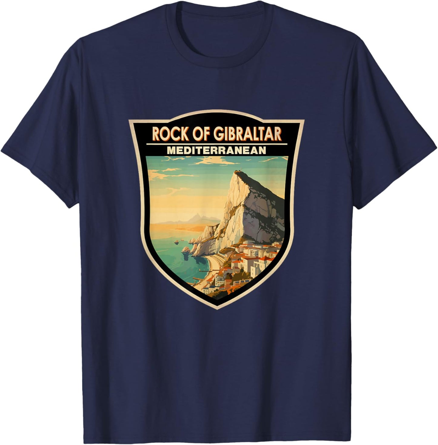Rock of Gibraltar Travel Art Badge Vintage T-Shirt - T-Shirt | Navy
