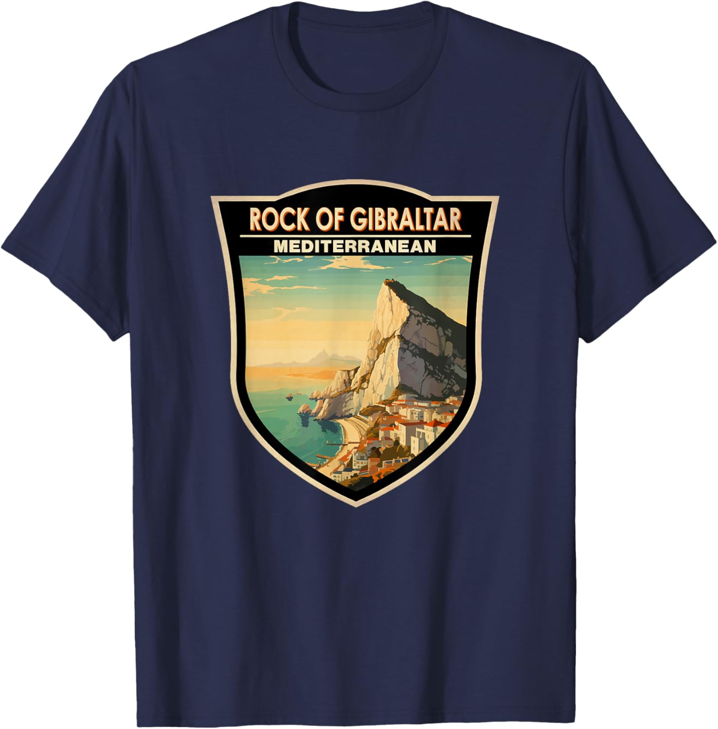 Rock of Gibraltar Travel Art Badge Vintage T-Shirt - T-Shirt | Navy