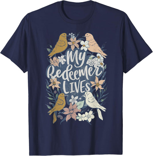 Easter My Redeemer Lives Vintage Jesus-Floral Bird Clothing T-Shirt - T-Shirt | Navy