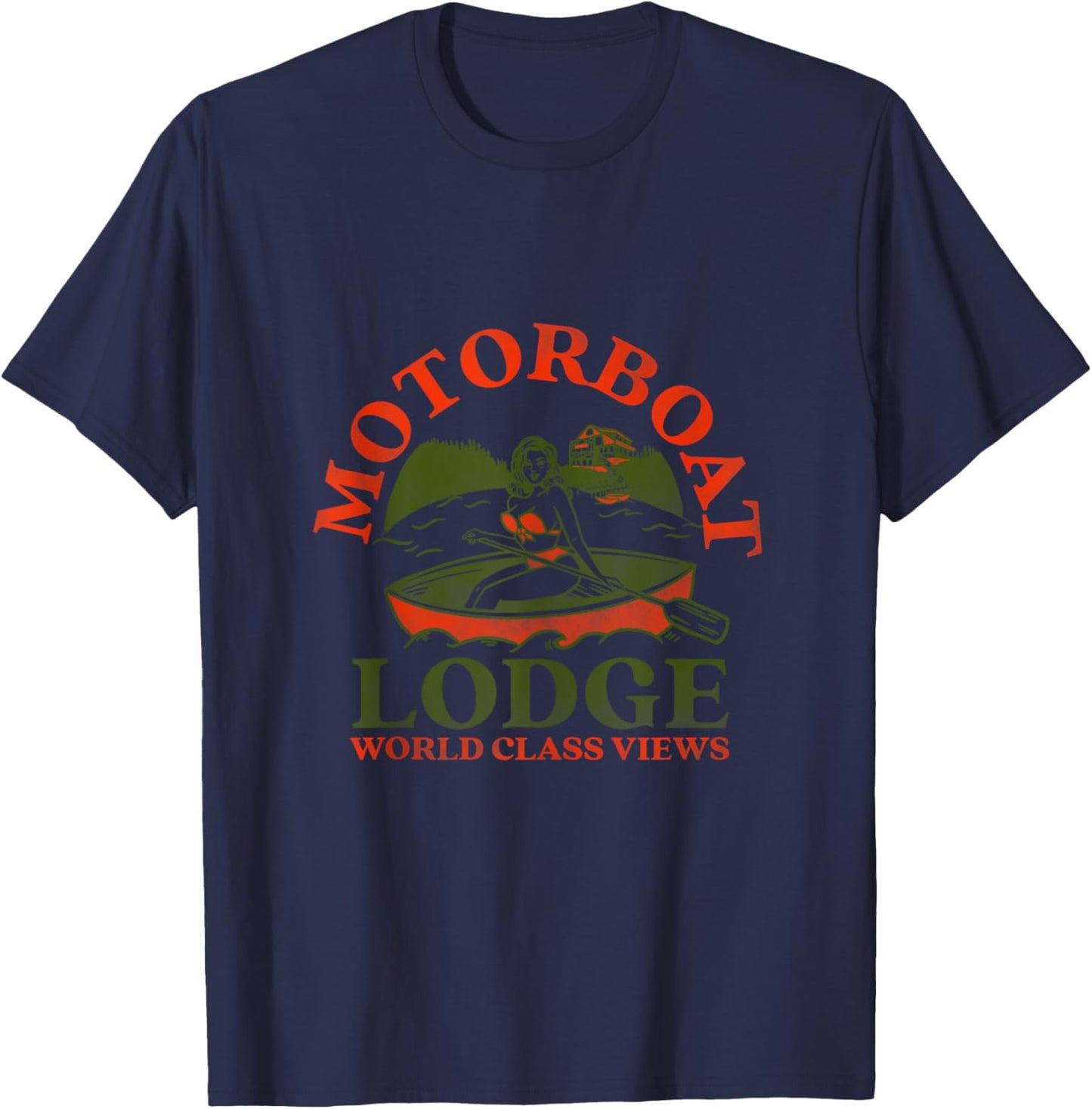Motor Boat Lodge Sexy Busty Bikini Woman: Funny Fishing T-Shirt - T-Shirt | Navy