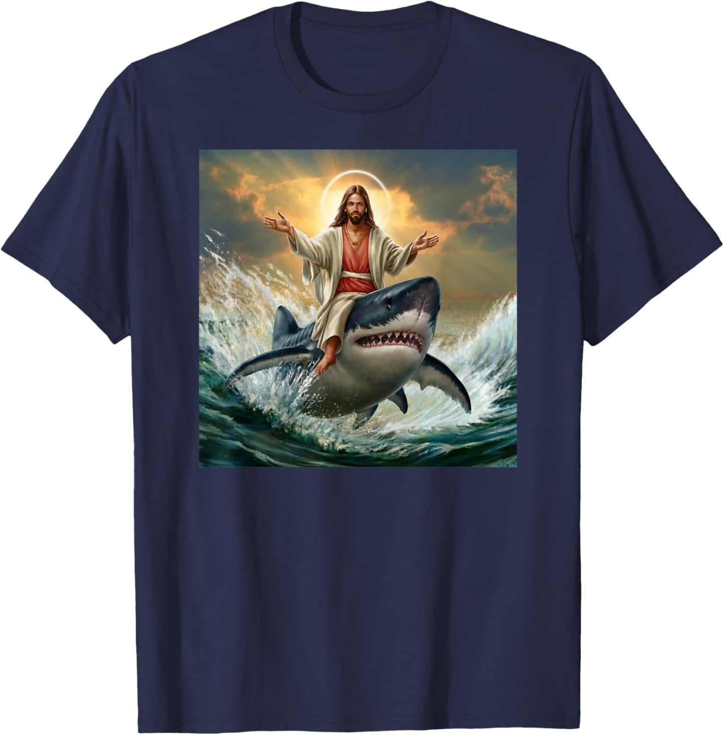 Christian Jesus Riding Shark Funny Shark Jesus Lover T-Shirt - T-Shirt | Navy
