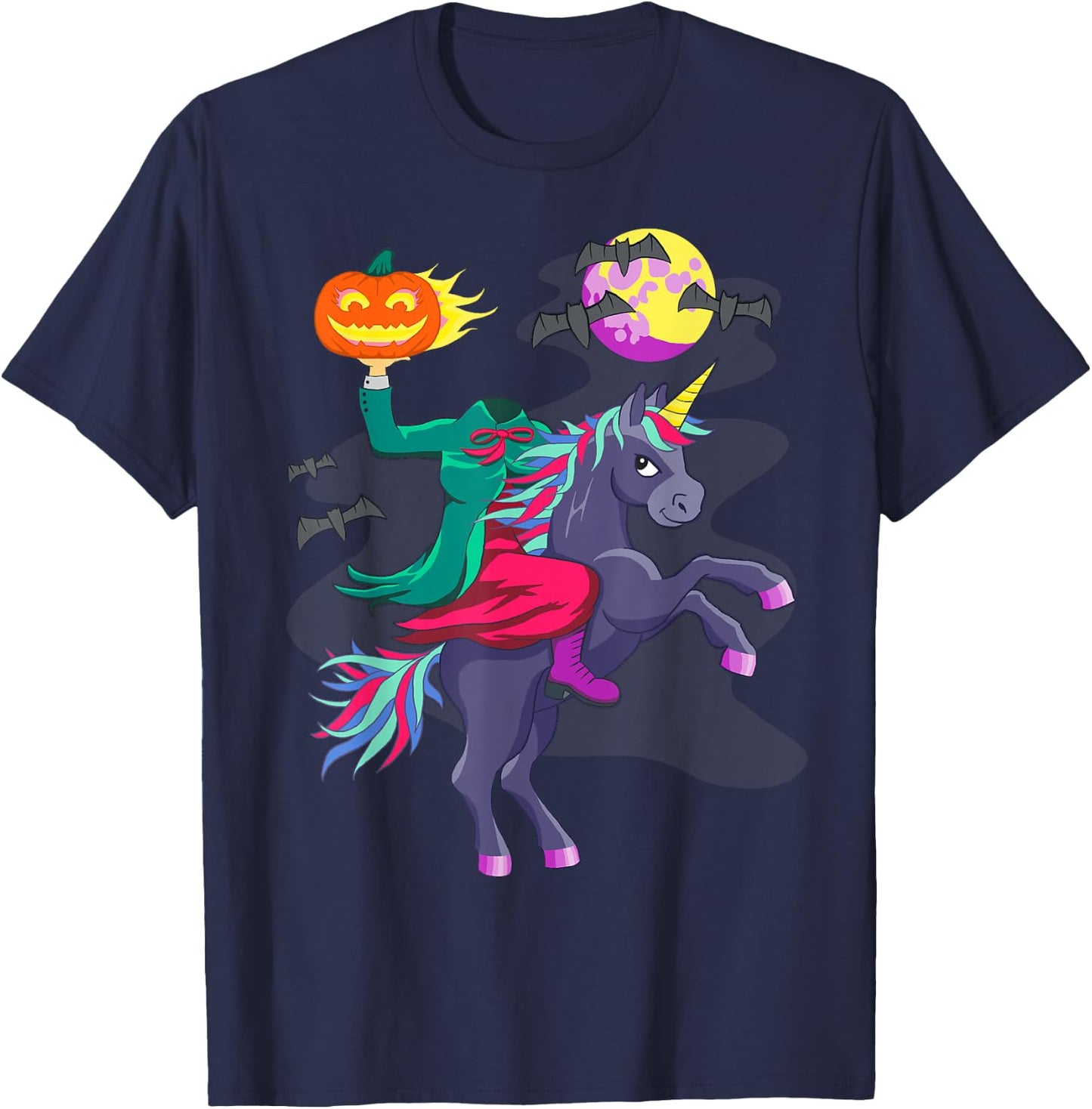 Unicorn Halloween Headless Horseman Pumpkin Head Graphic T-Shirt - T-Shirt | Navy