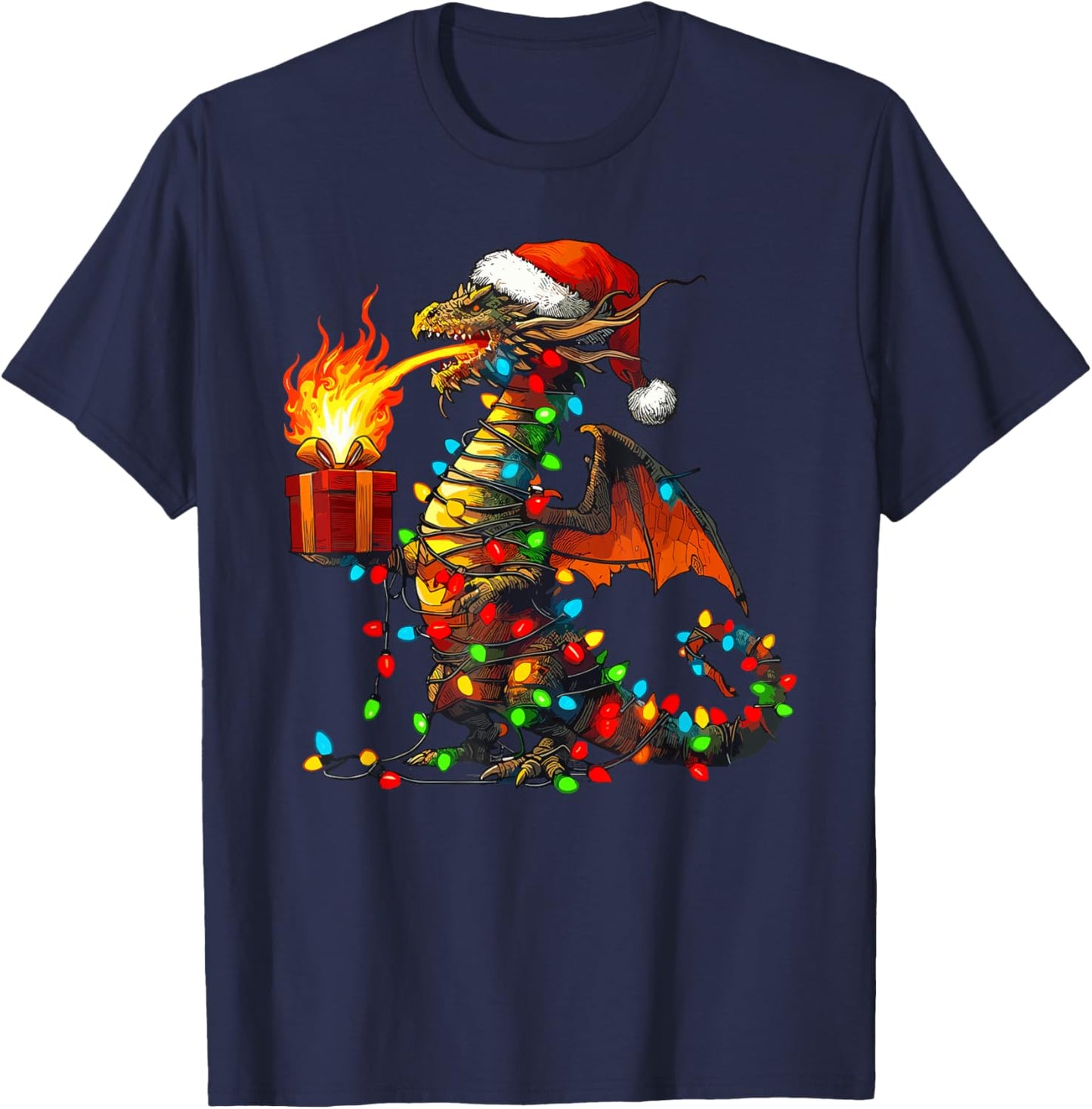 Dragon Wearing Santa Hat, Holding A Present Box Xmas T-Shirt - T-Shirt | Navy