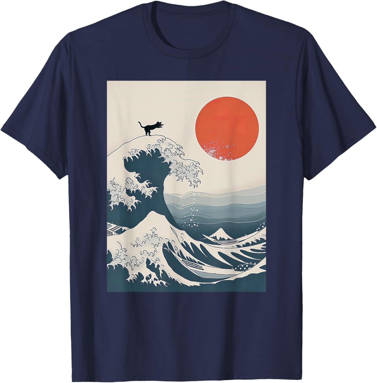 The Great Wave Of Kanagawa Cat Funny Kitten Japanese Cat Art T-Shirt - T-Shirt | Navy