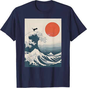 The Great Wave Of Kanagawa Cat Funny Kitten Japanese Cat Art T-Shirt - T-Shirt | Navy