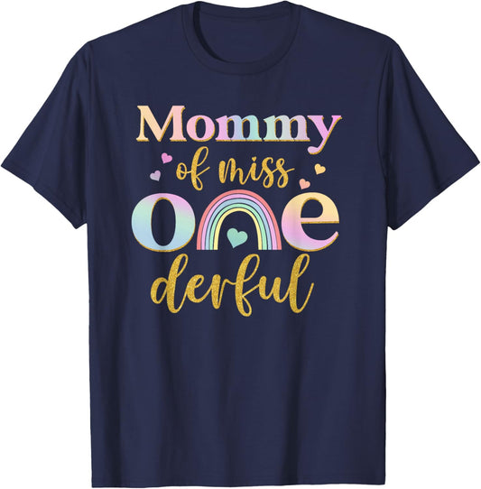 Mommy of Miss Onederful 1st Birthday Girl Cute Rainbow T-Shirt - T-Shirt | Navy
