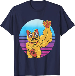 Muscles Maneki-Neko Strong Lucky Cat Buff Japanese T-Shirt - T-Shirt | Navy