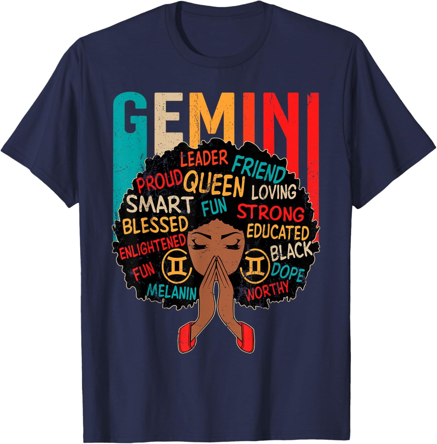 Gemini Queen Retro Afro Black Women Zodiac Sign T-Shirt - T-Shirt | Navy