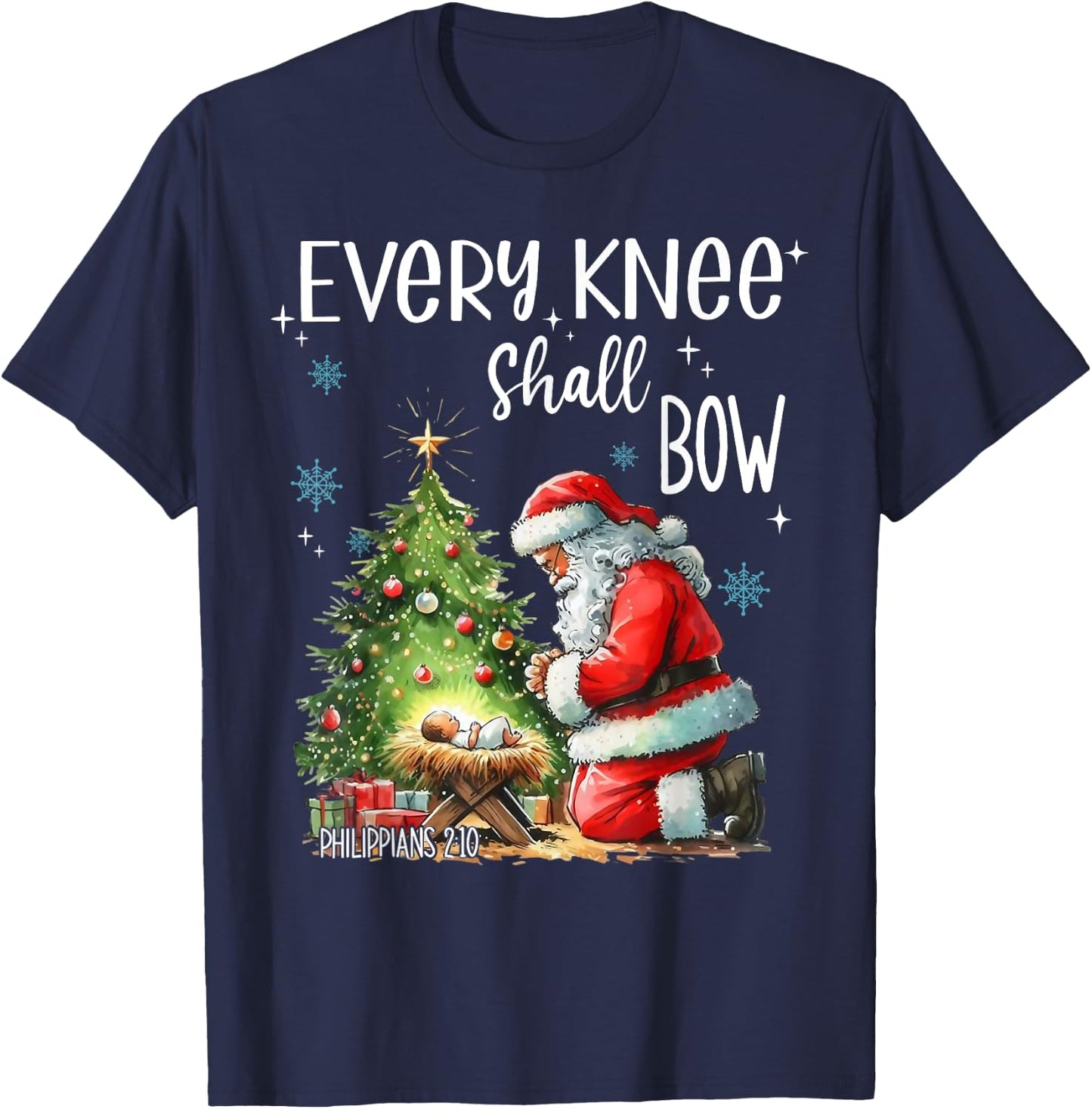 Every Knee Shall Bow Santa Claus Jesus Christian Christmas T-Shirt - T-Shirt | Navy