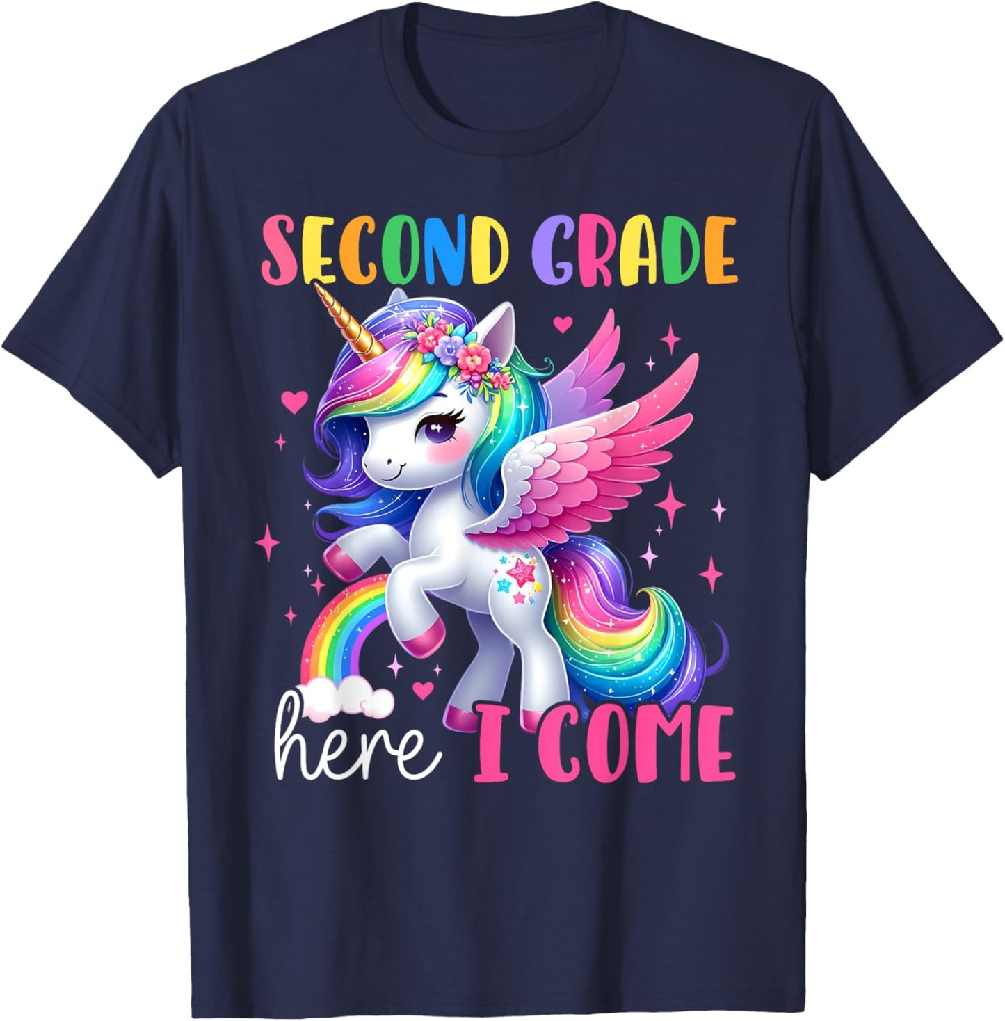 Second Grade Here I Come Unicorn Girls Kids Back To School T-Shirt - T-Shirt | Navy