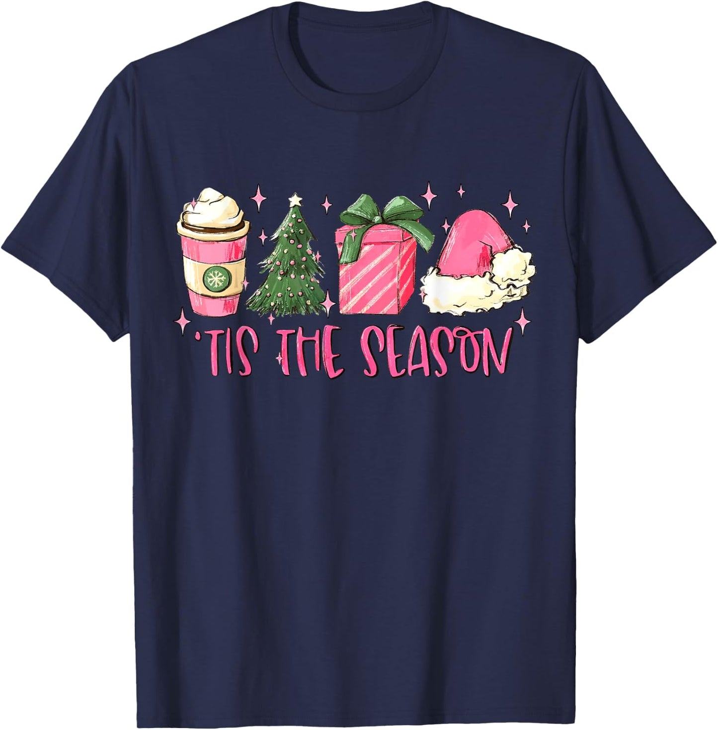 Retro Tis The Season Pink Christmas Coffee Funny Family Xmas T-Shirt - T-Shirt | Navy