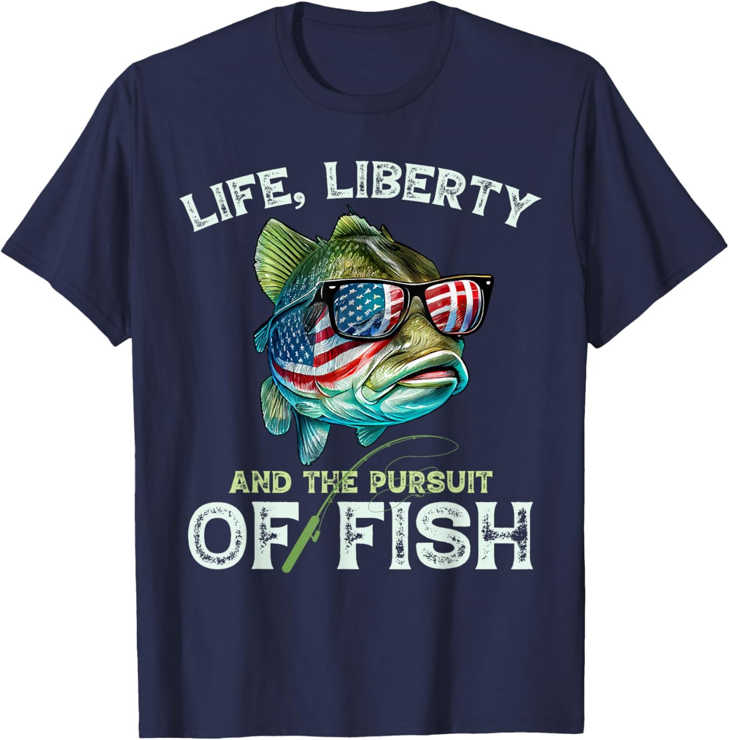 Bass Fish Fishing 4th Of July Fish American Flag Bass Dad Women Girls Kids Men T-Shirt - T-Shirt | Navy