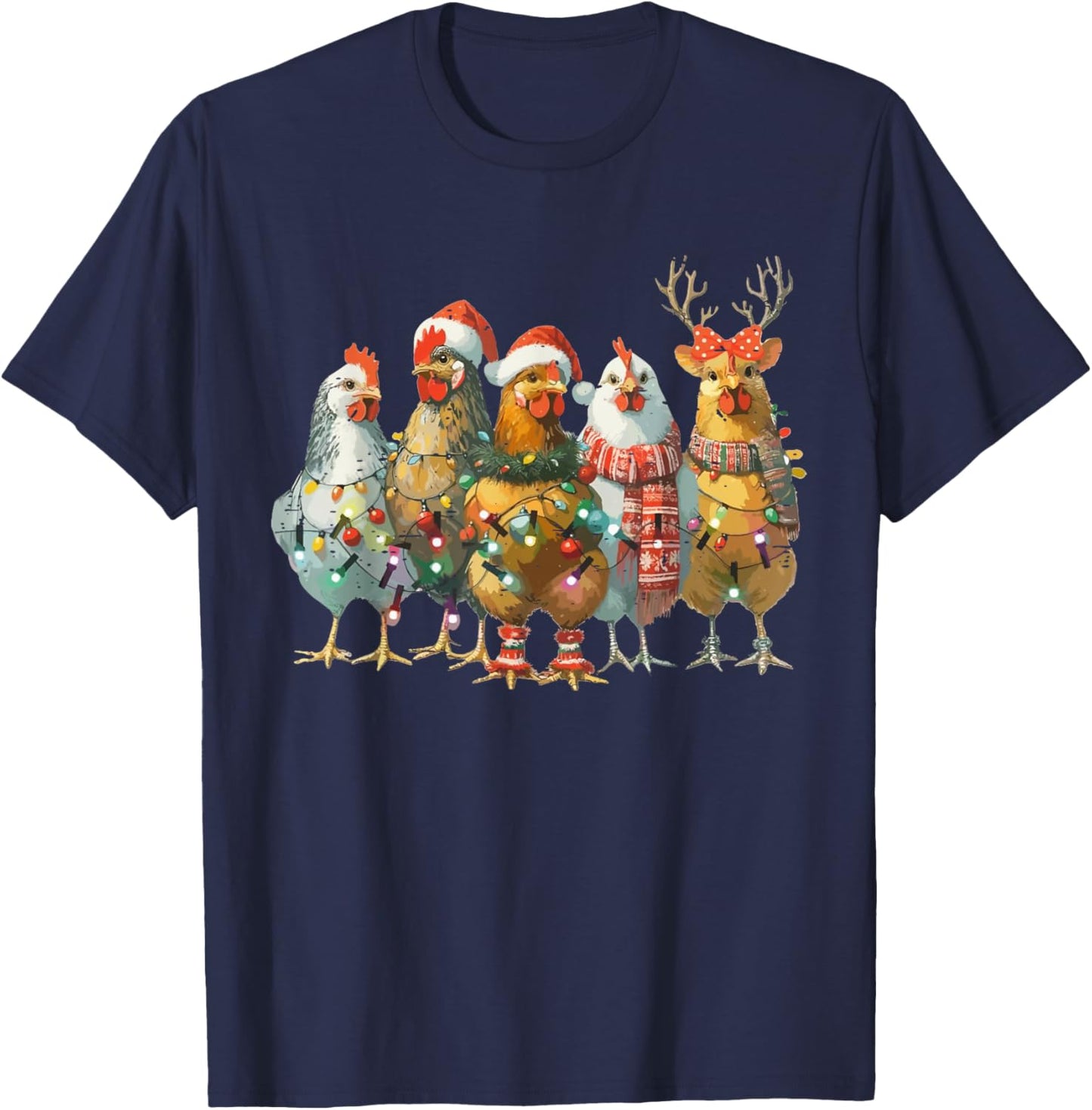Funny Chicken Christmas Lights Farm Animal Cute Xmas Holiday T-Shirt - T-Shirt | Navy