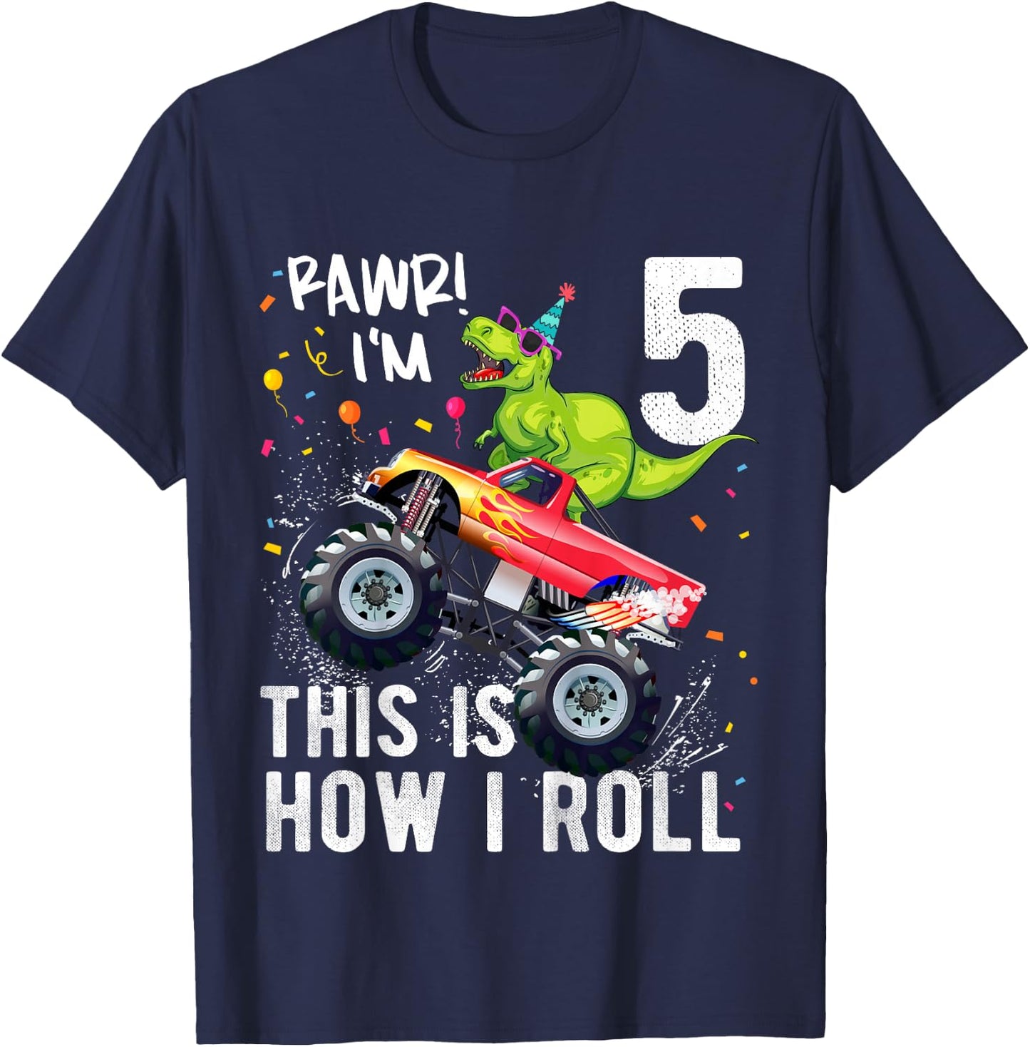 Kids T Rex Dinosaur Monster Truck 5th Birthday Boys and Girls T-Shirt - T-Shirt | Navy