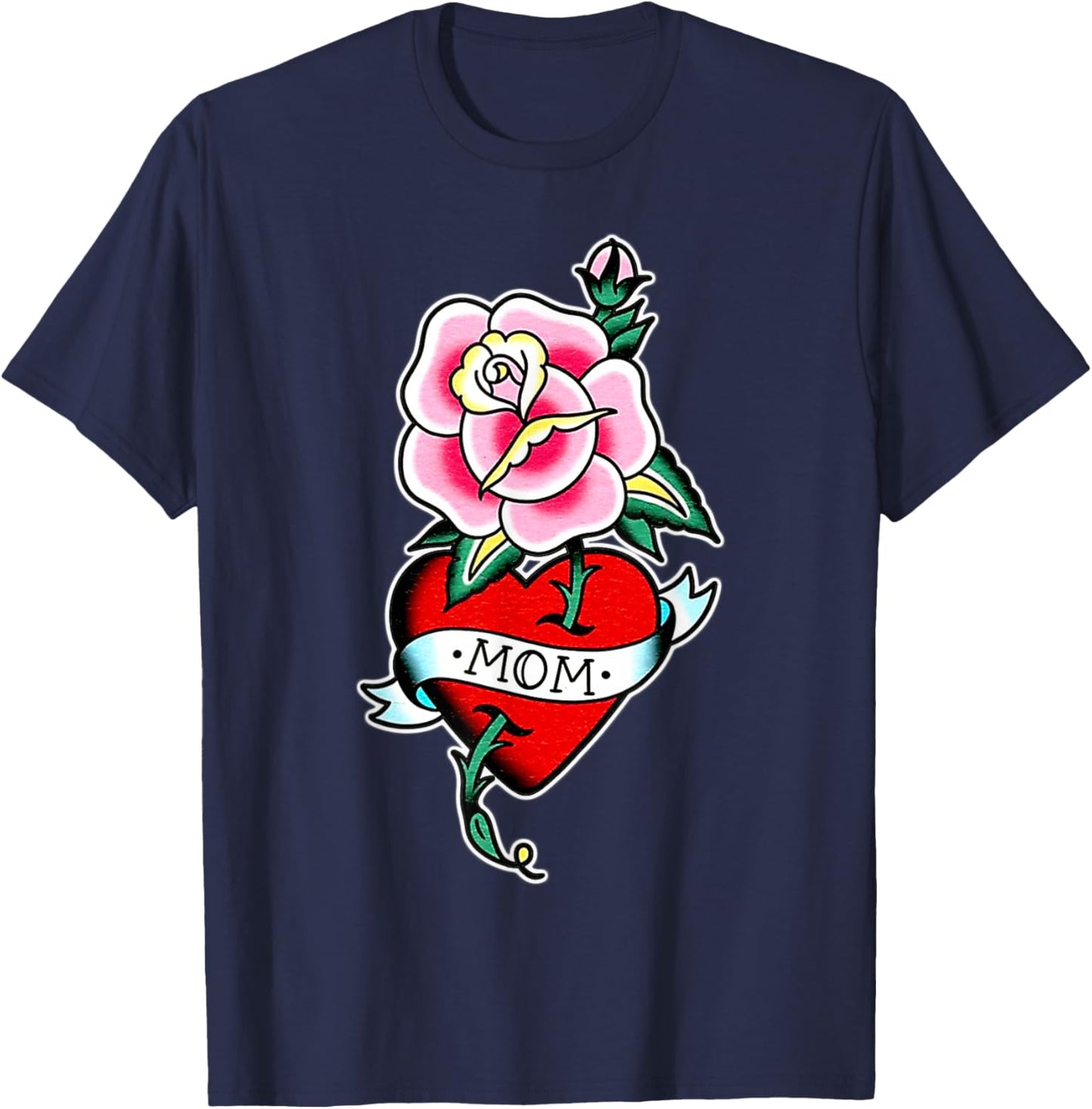 Mom x Rose x Heart Traditional Tattoo Flash T-Shirt - T-Shirt | Navy