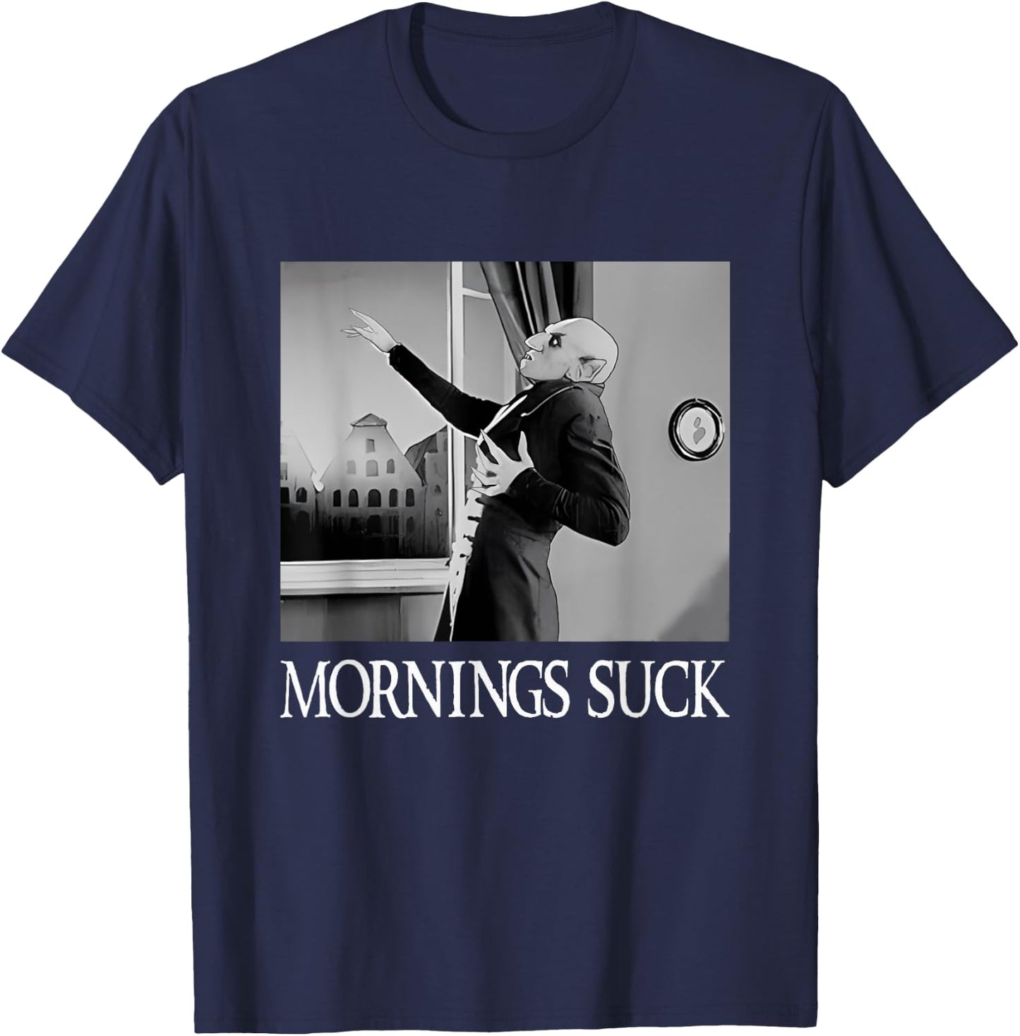 Mornings Suck Funny Halloween Vampire Pun Graphic T-Shirt - T-Shirt | Navy