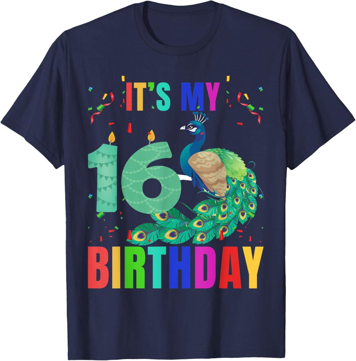 Peacock 16th Birthday Funny Cute Birds Animal Lover Graphic T-Shirt - T-Shirt | Navy
