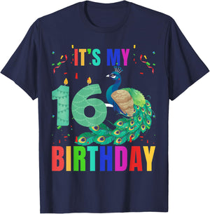 Peacock 16th Birthday Funny Cute Birds Animal Lover Graphic T-Shirt - T-Shirt | Navy