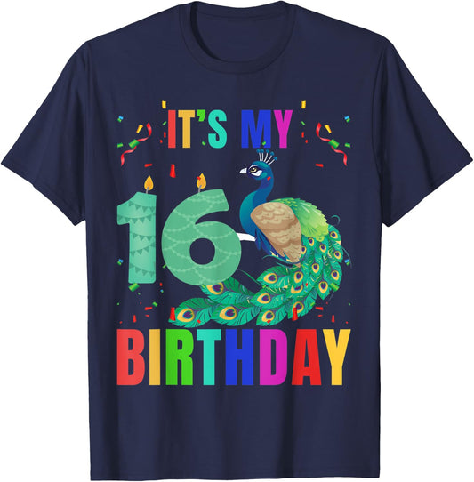 Peacock 16th Birthday Funny Cute Birds Animal Lover Graphic T-Shirt - T-Shirt | Navy