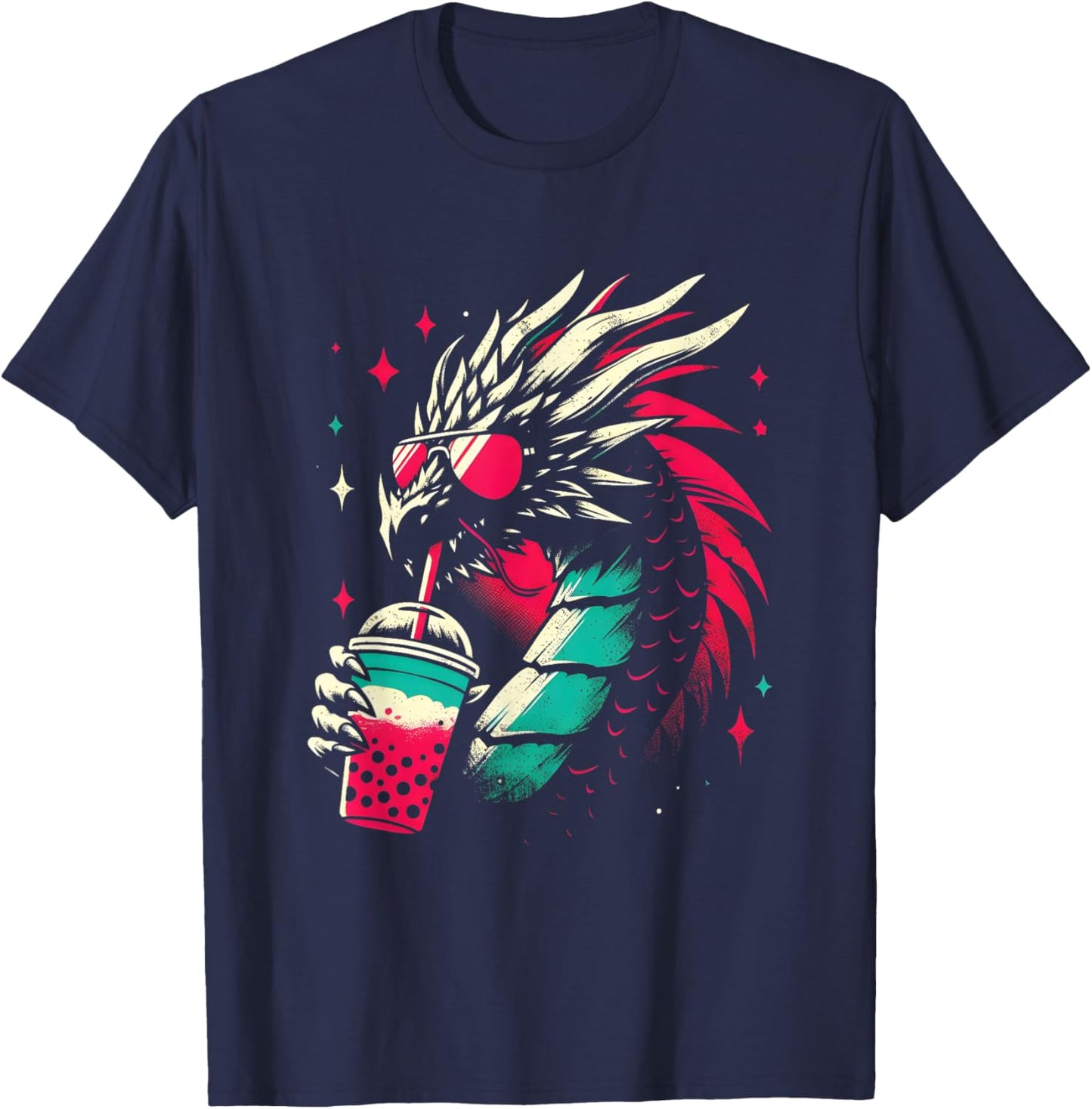 Dragon Drinking Boba Tea - Retro Dragon With Bubble Tea T-Shirt - T-Shirt | Navy