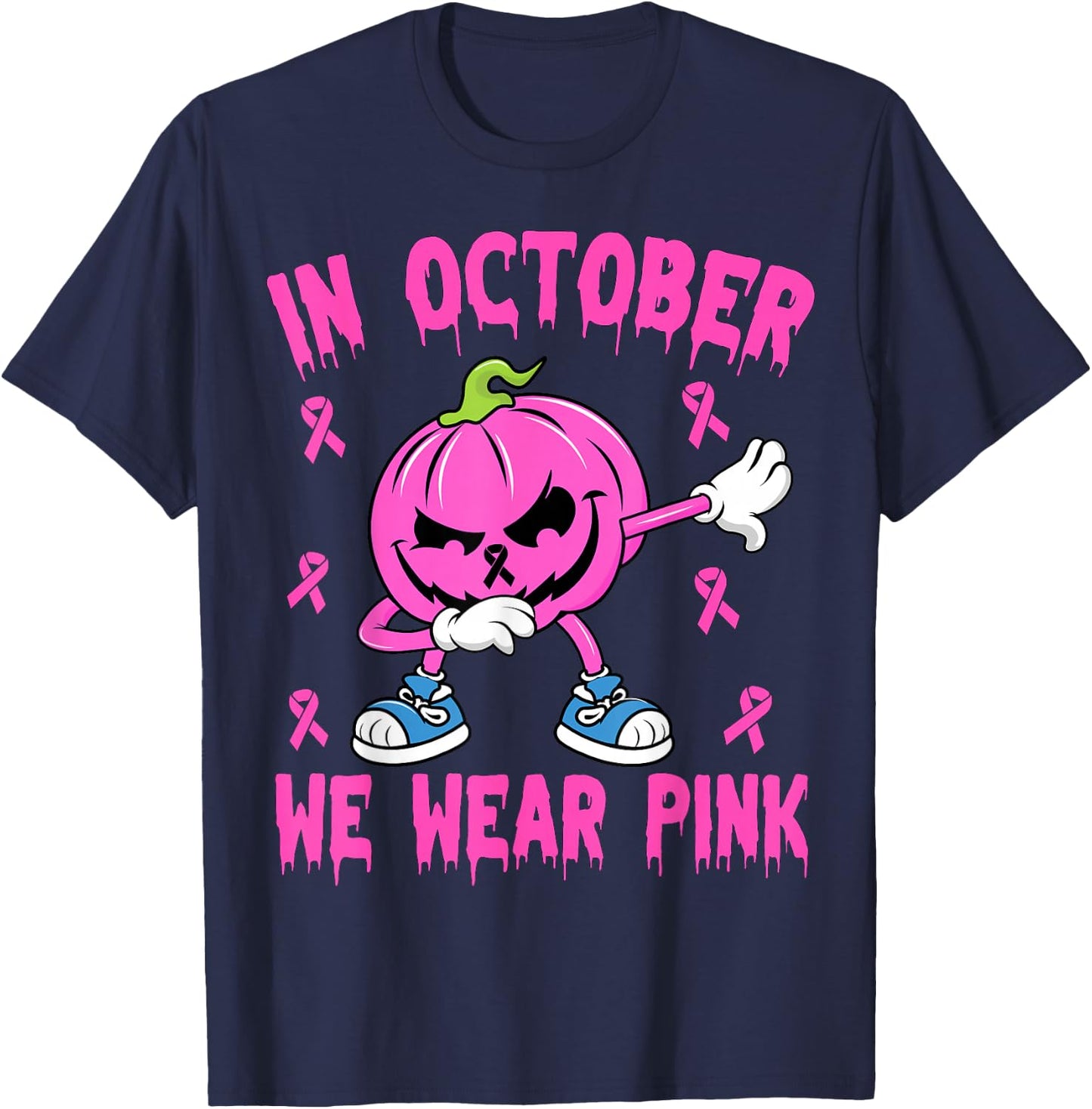 In October We Wear Pink Breast Cancer Pumpkin Halloween Boys T-Shirt - T-Shirt | Navy
